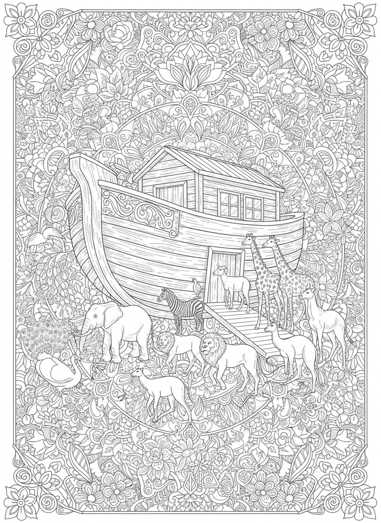 Animaux entrant dans l'arche, page à colorier 1 Corinthiens 16:14 pour adultes dans un style de journal biblique.