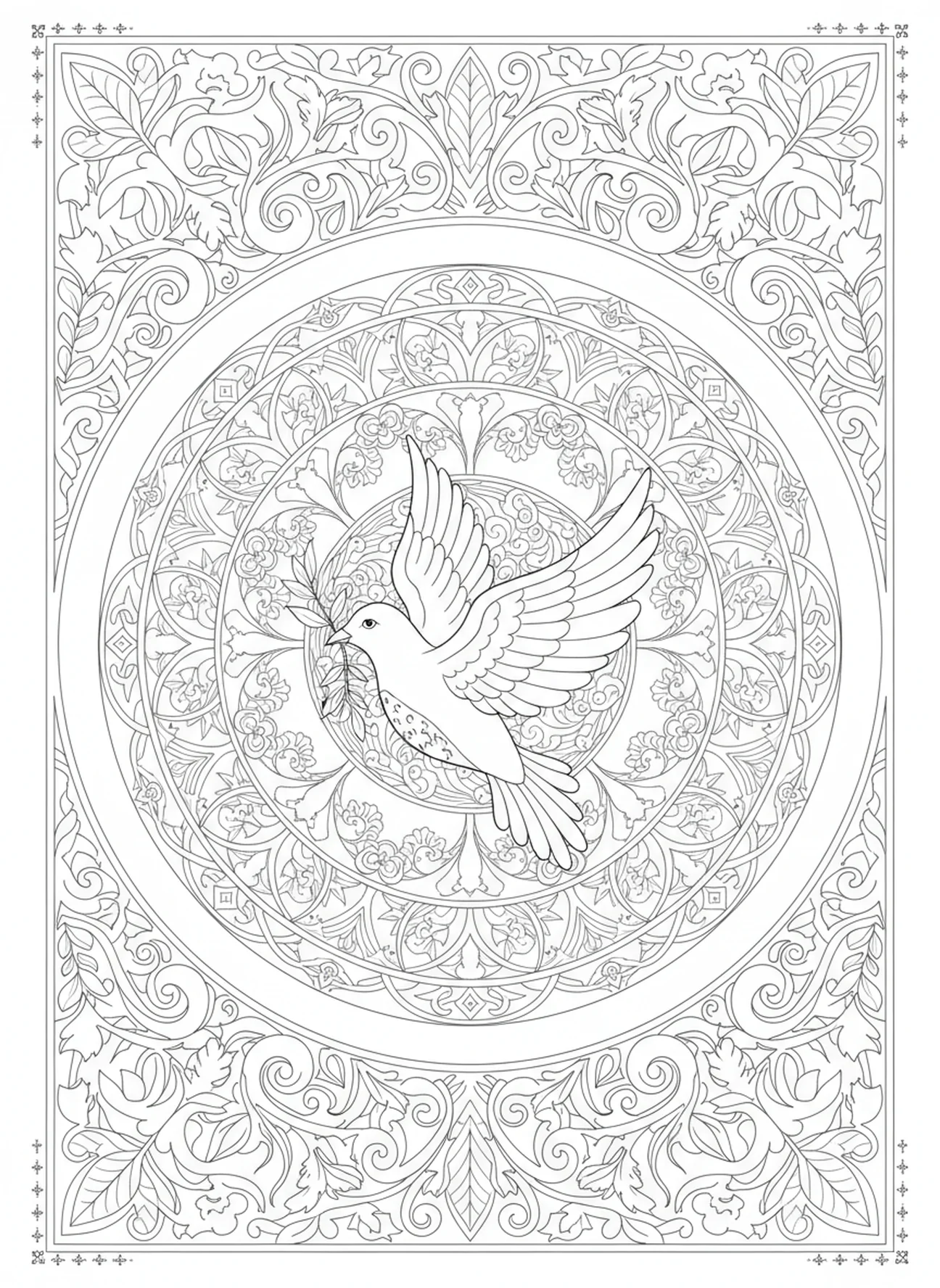 Colombe avec une branche d'olivier, page à colorier 1 Corinthiens 16:14 pour le journaling biblique pour adultes.