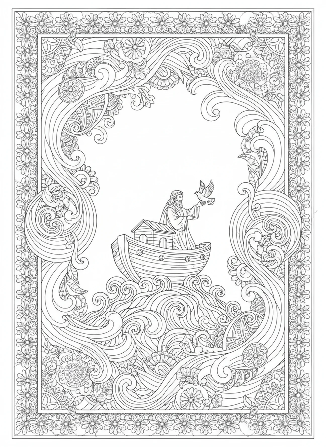 Noé envoyant la colombe, page à colorier 1 Corinthiens 16:14 pour adultes dans un style de journal biblique.