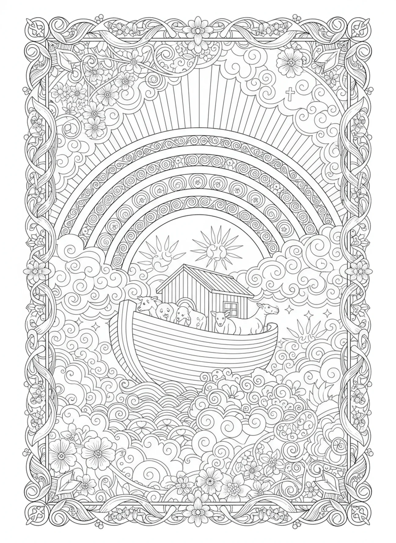 Arc-en-ciel au-dessus de l'arche, page à colorier 1 Corinthiens 16:14 pour adultes dans un style de journal biblique.