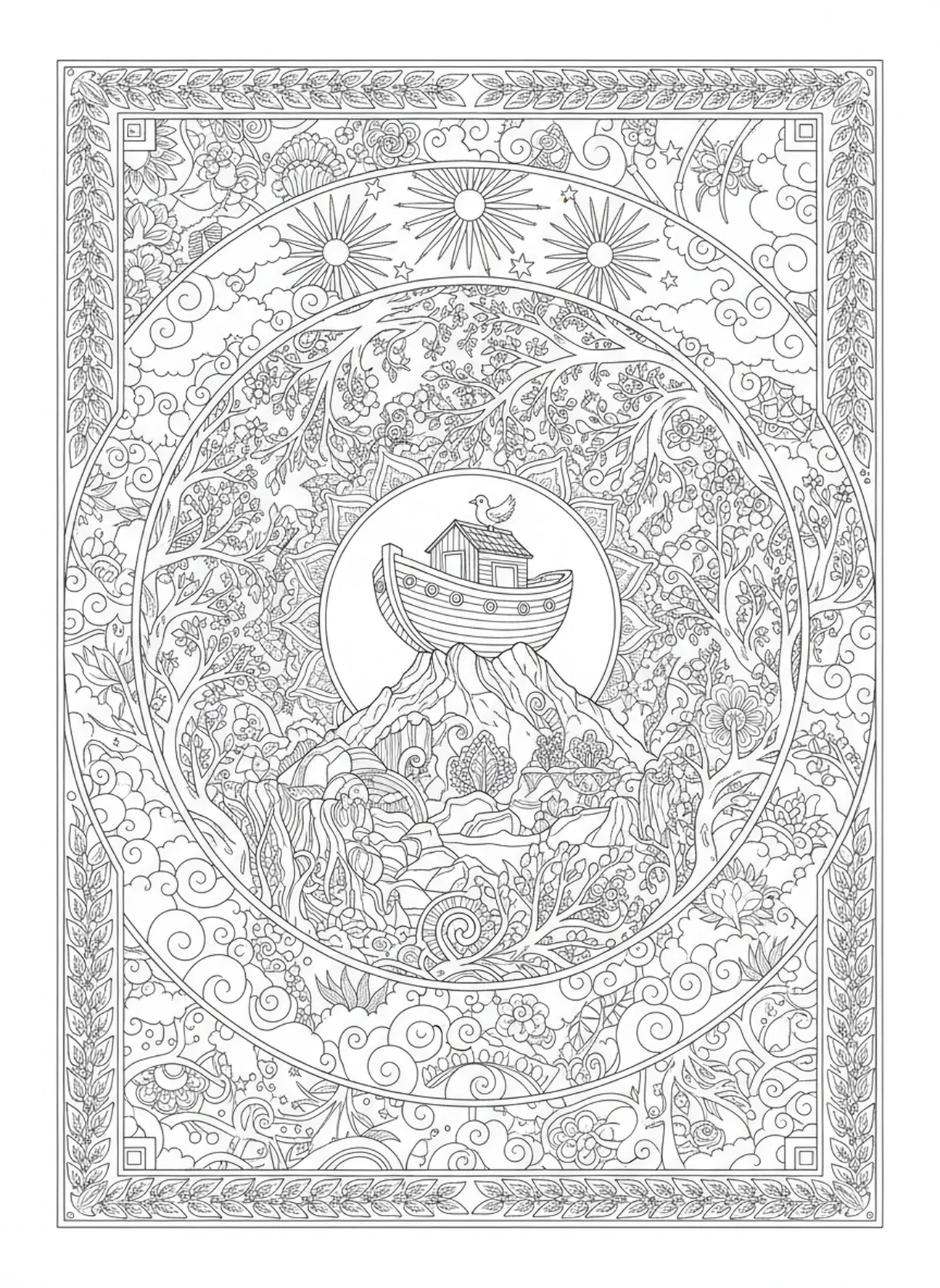 L'arche reposant sur une montagne, page à colorier 1 Corinthiens 16:14 pour adultes dans un style de journal biblique.