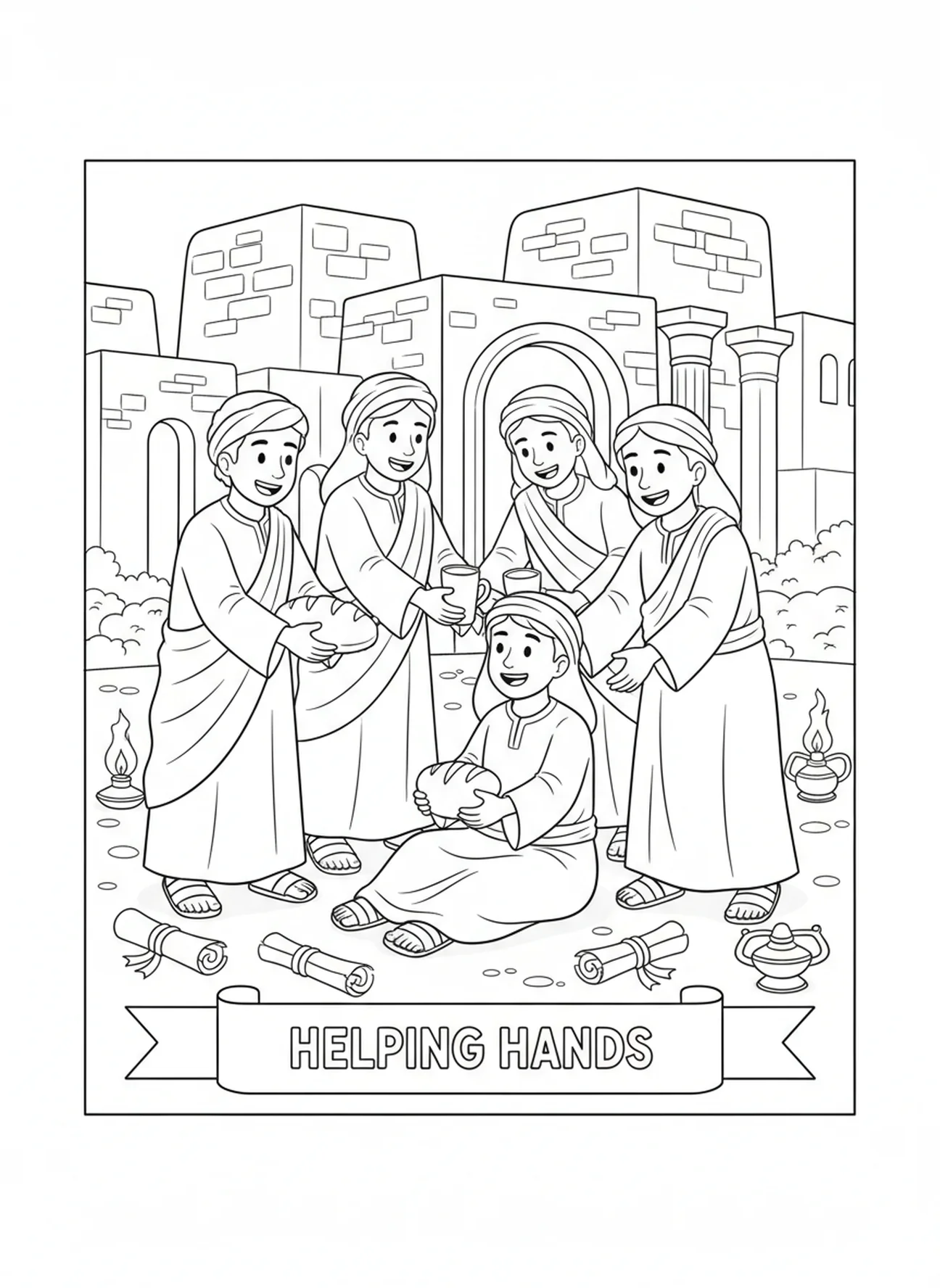 Croyants aidant les autres, page à colorier 1 Corinthiens 16:14 pour les enfants de l'École du dimanche âgés de 5 à 12 ans.