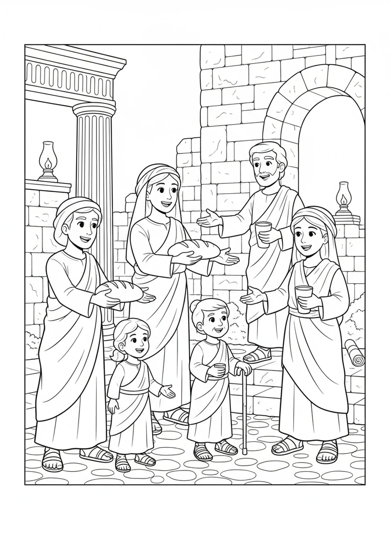 Croyants montrant de la bonté, page à colorier 1 Corinthiens 16:14 pour les enfants de l'École du dimanche âgés de 5 à 12 ans.