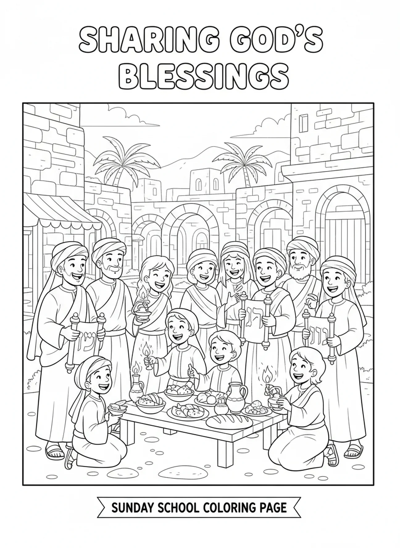 Rassemblement communautaire, page à colorier 1 Corinthiens 16:14 pour les enfants de l'École du dimanche âgés de 5 à 12 ans.