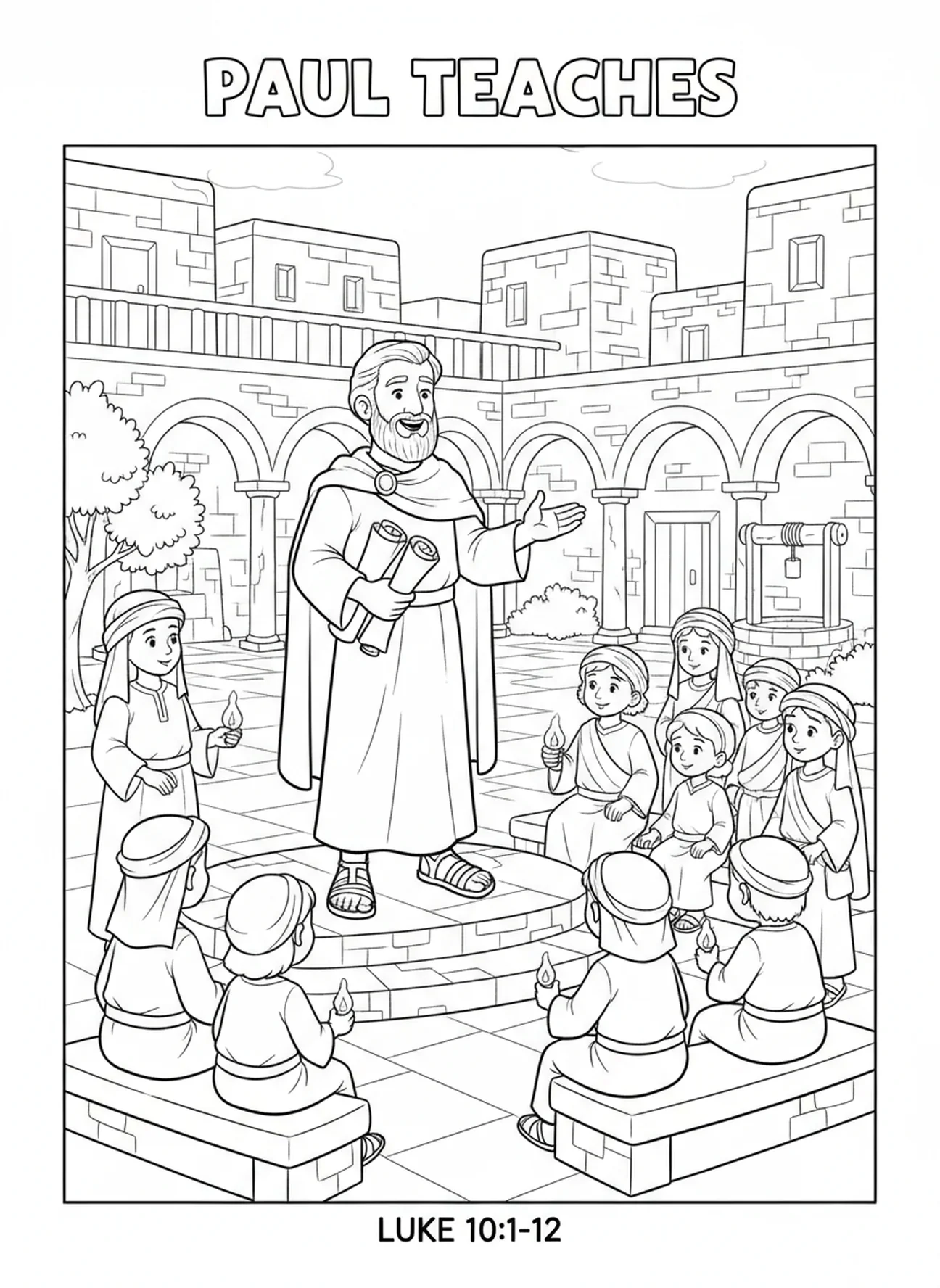 Paul exhortant les croyants, page à colorier 1 Corinthiens 16:14 pour les enfants de l'École du dimanche âgés de 5 à 12 ans.