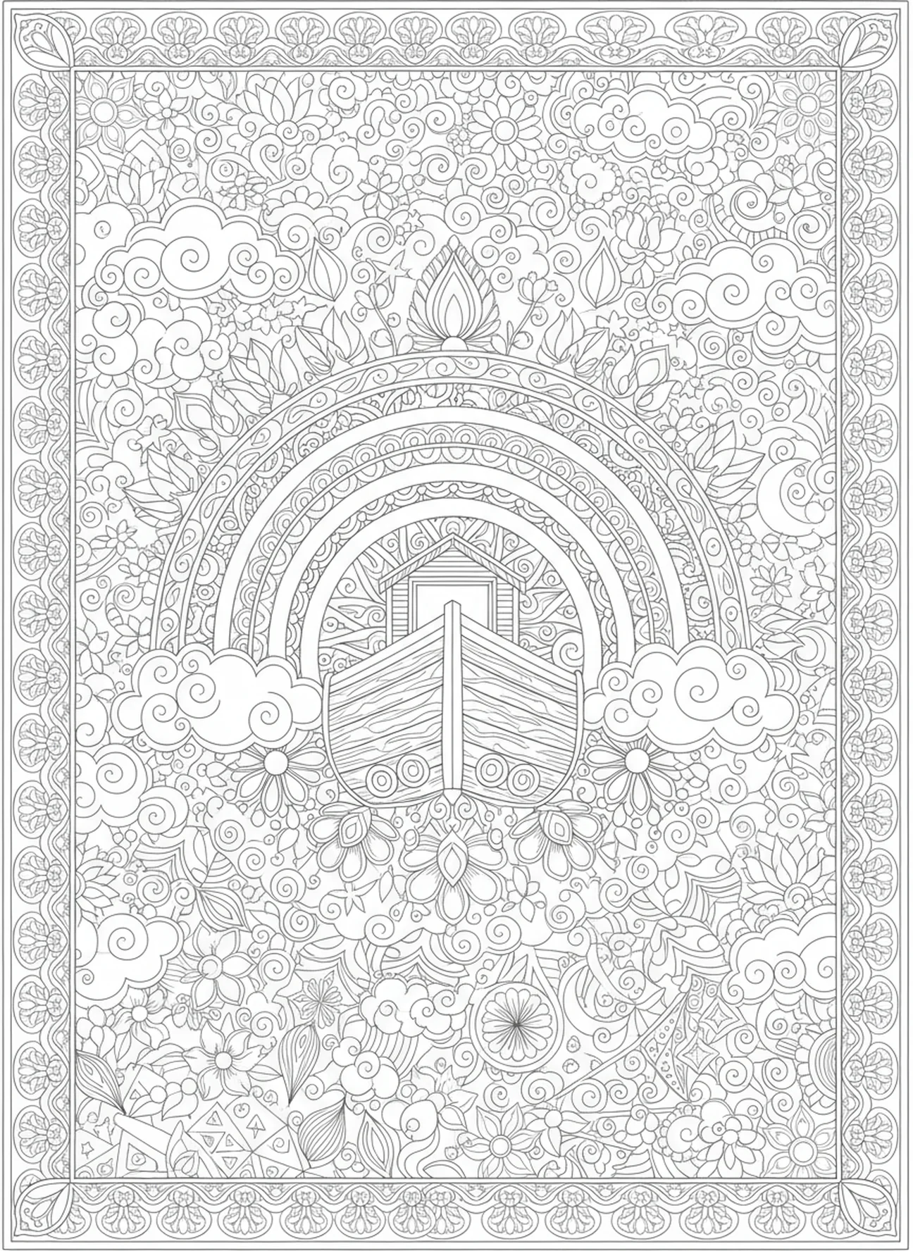 Regenbogen über der Arche, 1 Johannes 1,9 Ausmalbild für Erwachsene im Bibel-Journaling-Stil