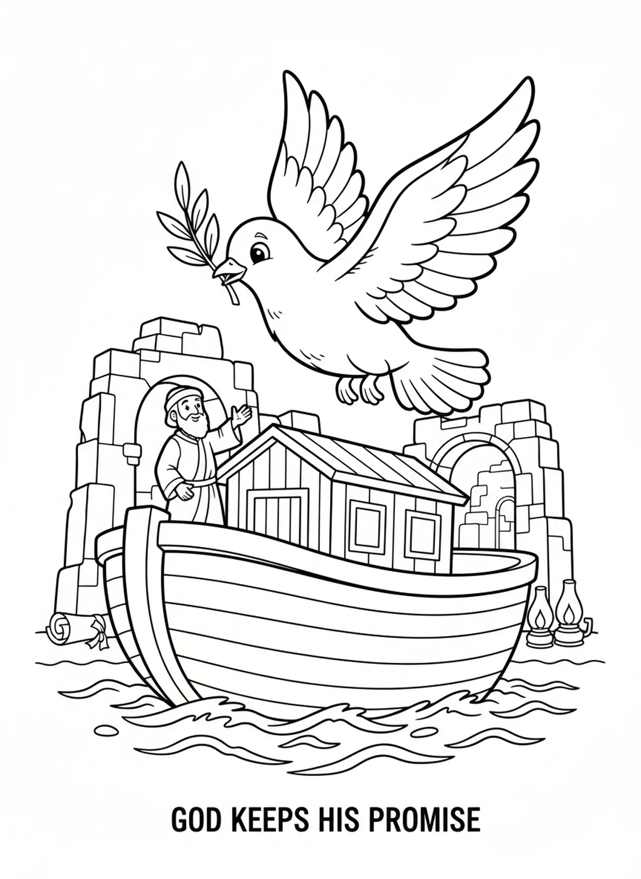 Colombe revenant avec une branche d'olivier, page à colorier 1 Jean 1:9 pour les enfants de l'École du dimanche âgés de 5 à 12 ans.