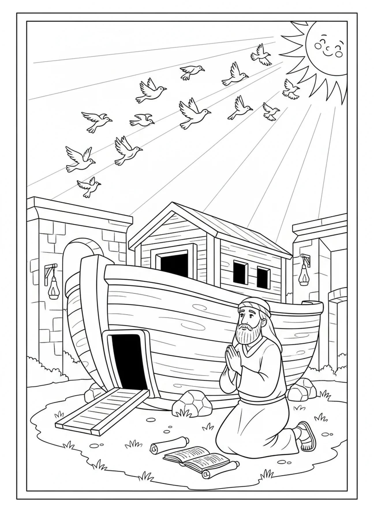 Noé priant à côté de l'arche, page à colorier 1 Jean 1:9 pour les enfants de l'École du dimanche âgés de 5 à 12 ans.