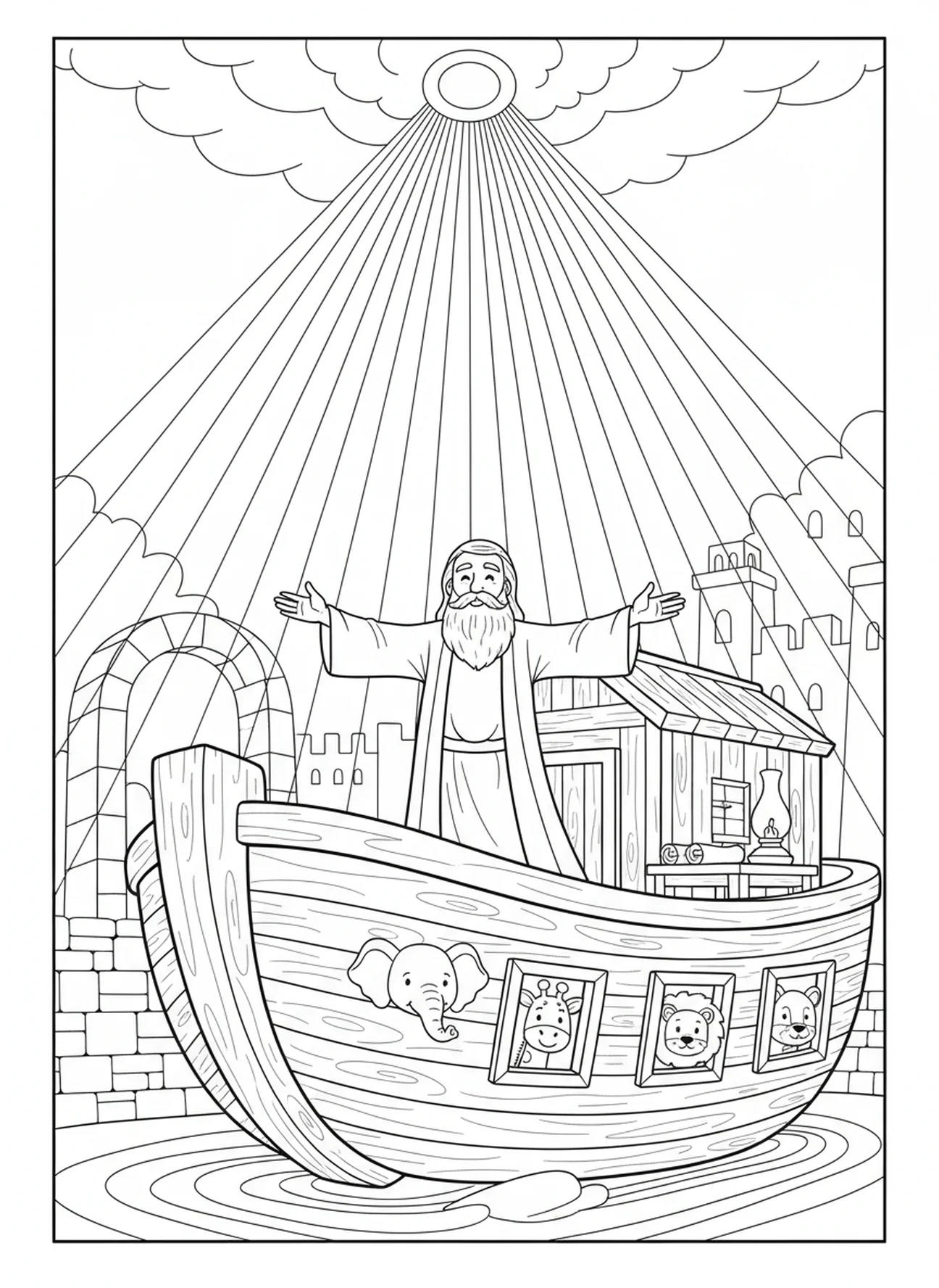 Noé recevant la promesse de Dieu, page à colorier 1 Jean 1:9 pour les enfants de l'École du dimanche âgés de 5 à 12 ans.
