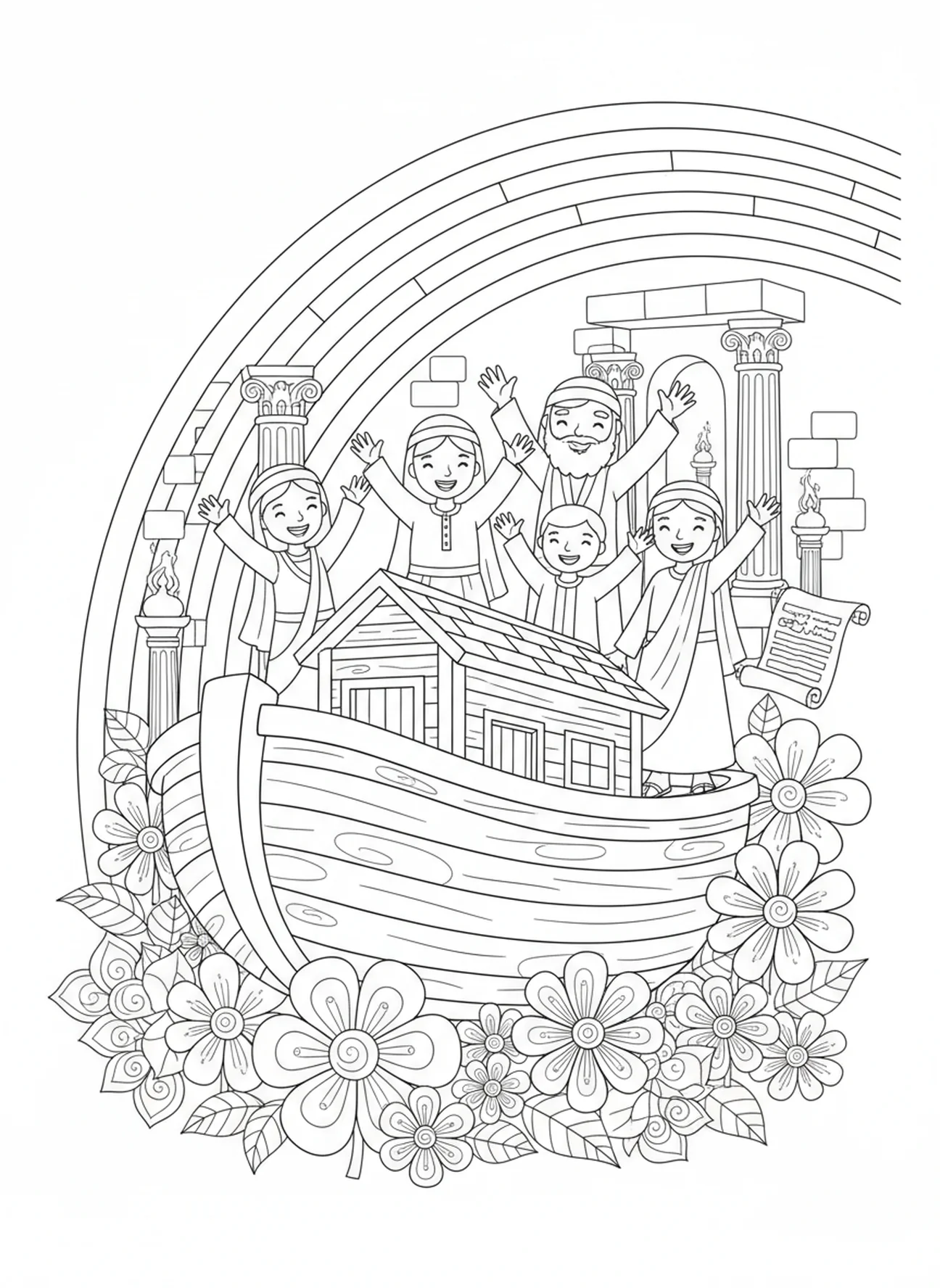 La famille de Noé célébrant sous un arc-en-ciel, page à colorier 1 Jean 1:9 pour les enfants de l'École du dimanche âgés de 5 à 12 ans.