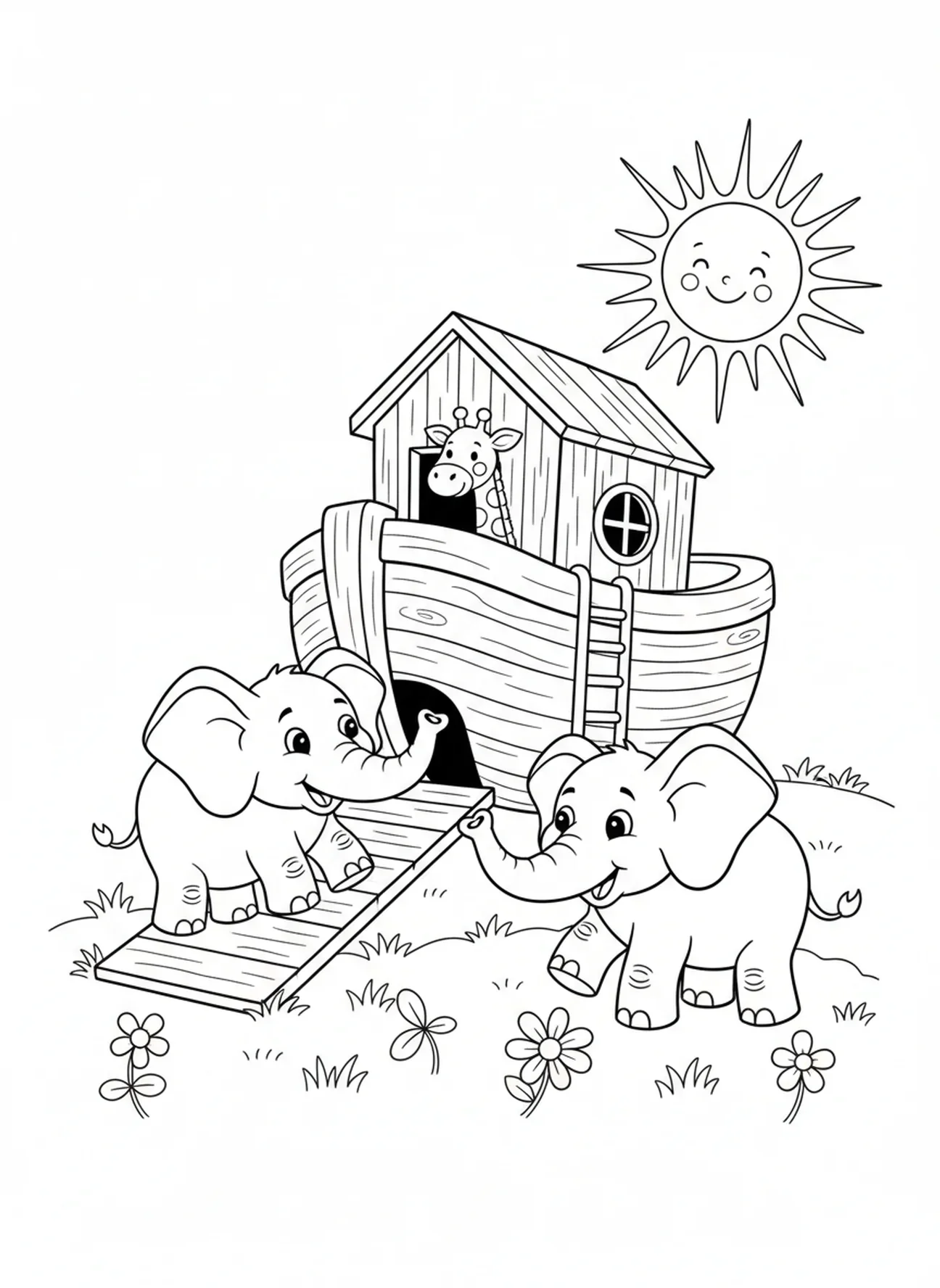 Paire d'éléphants montant à bord de l'arche, 1 Jean 4:19 page à colorier pour les enfants de 5 à 10 ans.