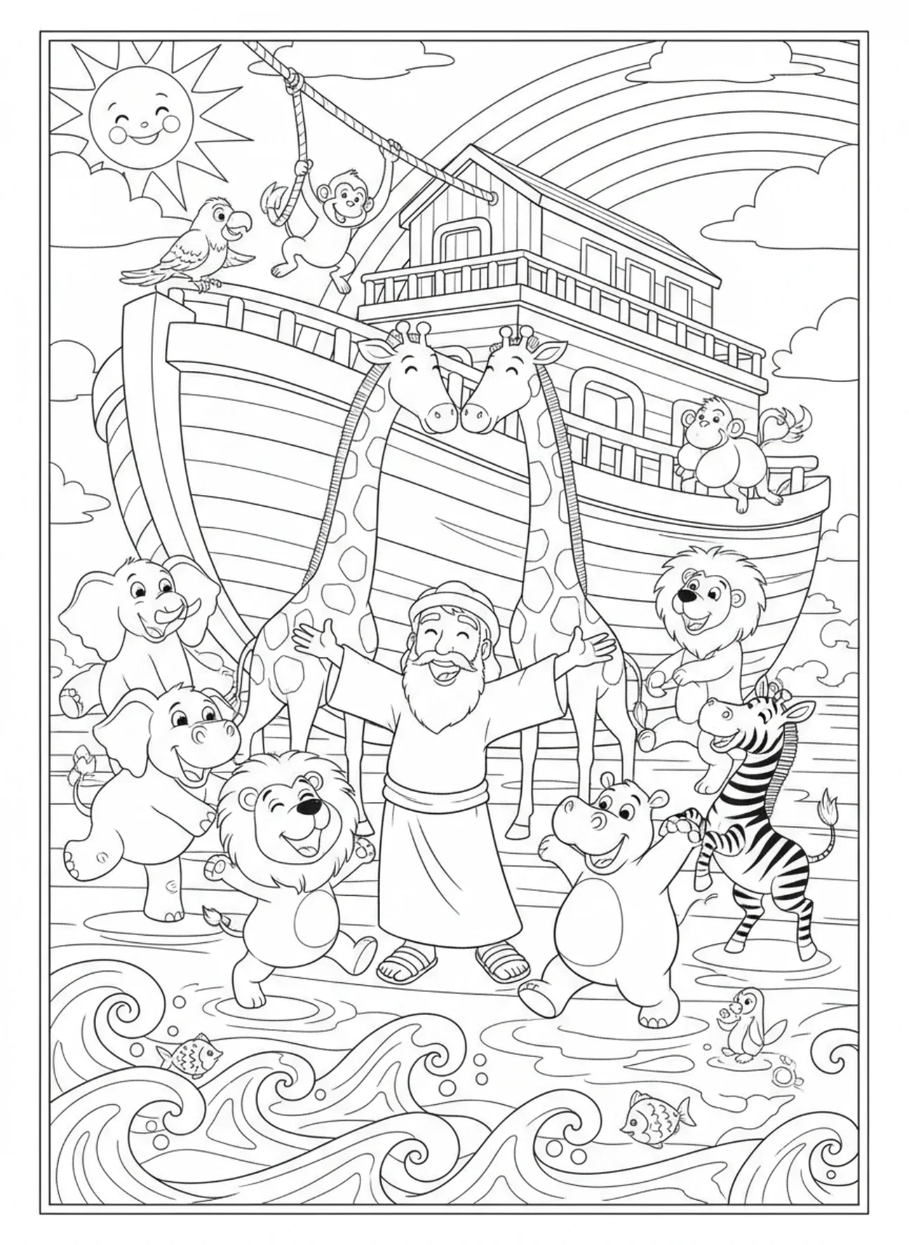 Noé célébrant avec les animaux, page à colorier 1 Jean 4:19 pour les enfants de 5 à 10 ans.