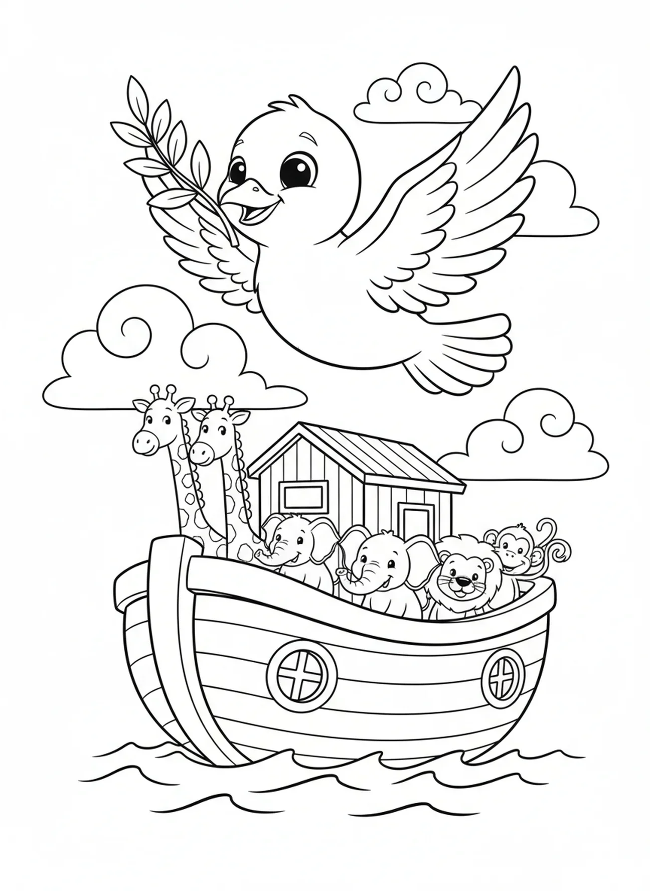 Colombe portant une branche d'olivier, page à colorier 1 Jean 4:19 pour les enfants de 5 à 10 ans.