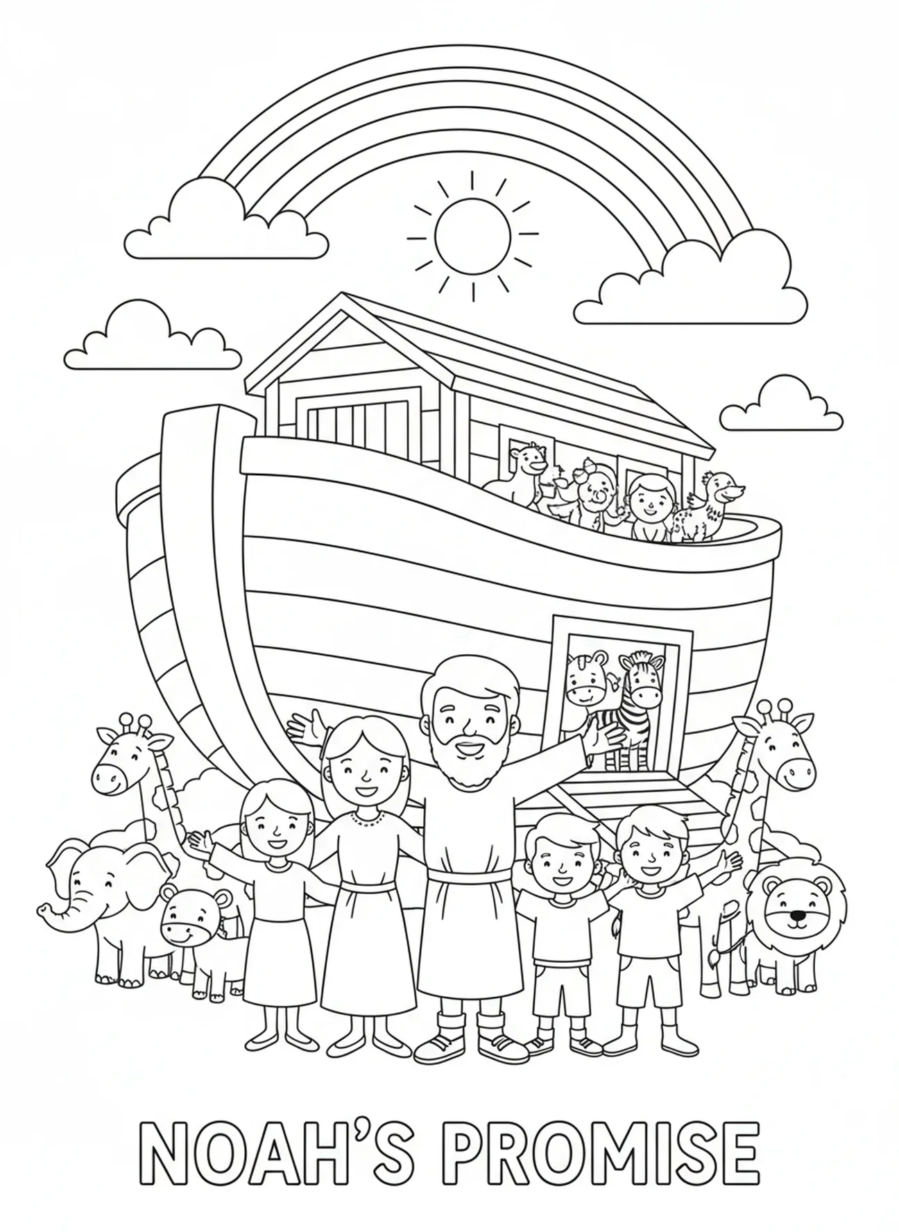 Noé et sa famille près de l'arche, page à colorier 1 Jean 4:19 pour les enfants de 5 à 10 ans.