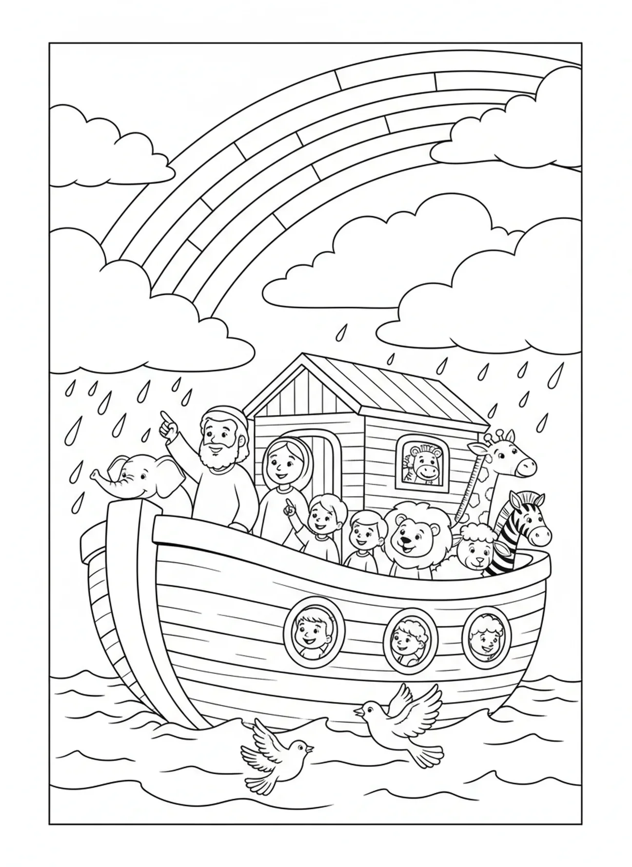 Noé et sa famille avec un arc-en-ciel, page à colorier 1 Jean 4:19 pour les enfants de 5 à 10 ans.