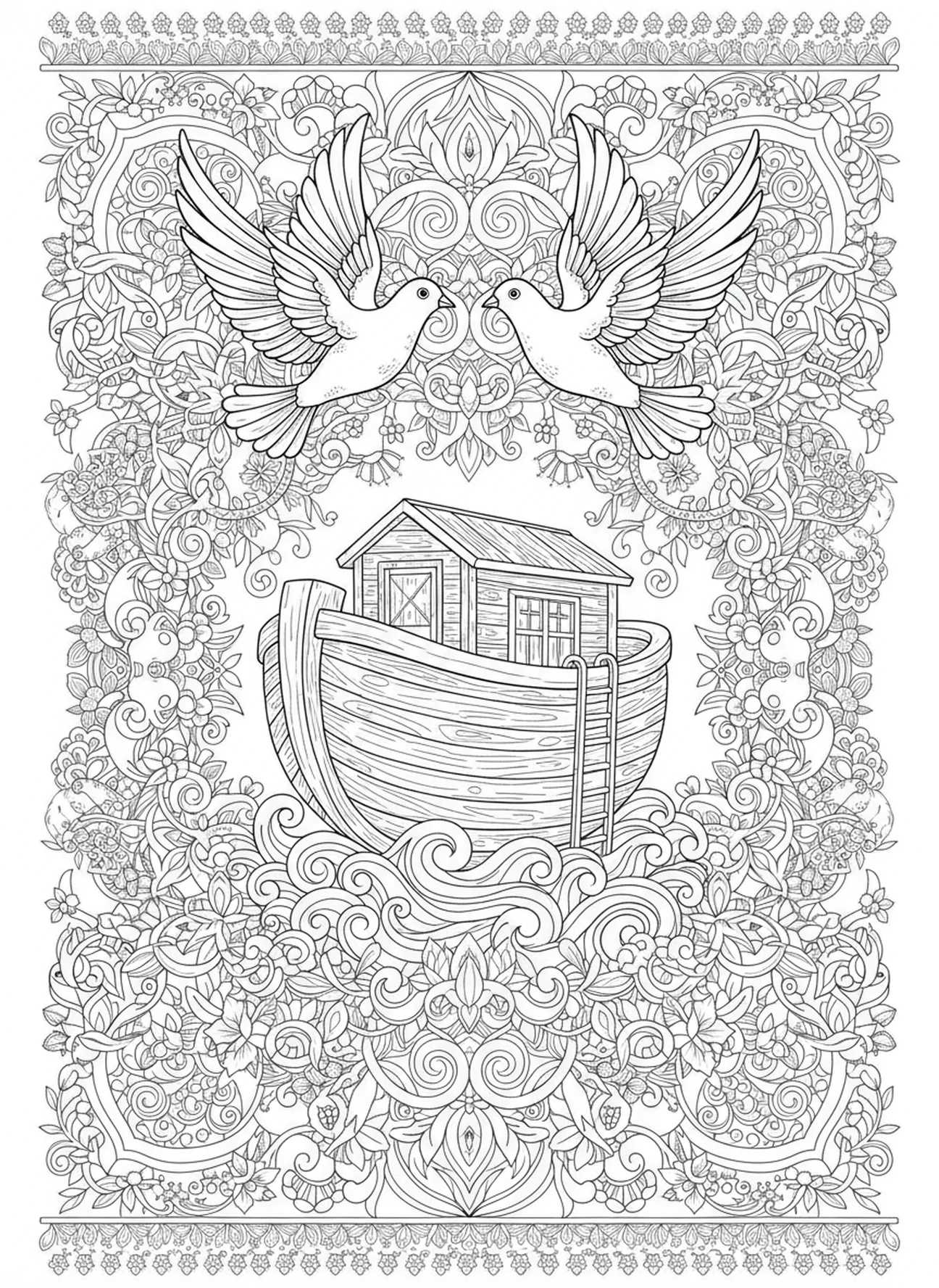 Dos elegantes palomas, página para colorear de 1 Juan 4:7 estilo de journaling bíblico para adultos