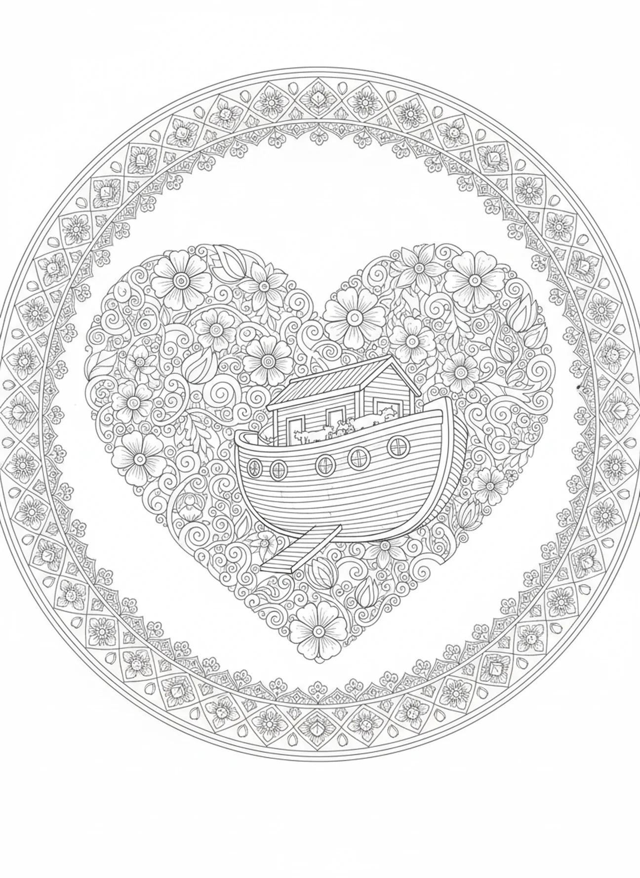 Corazón floral intrincado, página para colorear de 1 Juan 4:7 estilo de journaling bíblico para adultos
