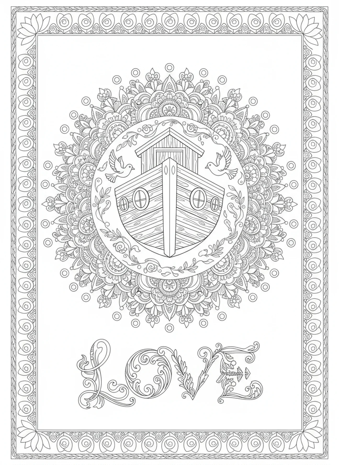 Palabra artística 'Amor', página para colorear 1 Juan 4:7 en estilo de journaling bíblico para adultos