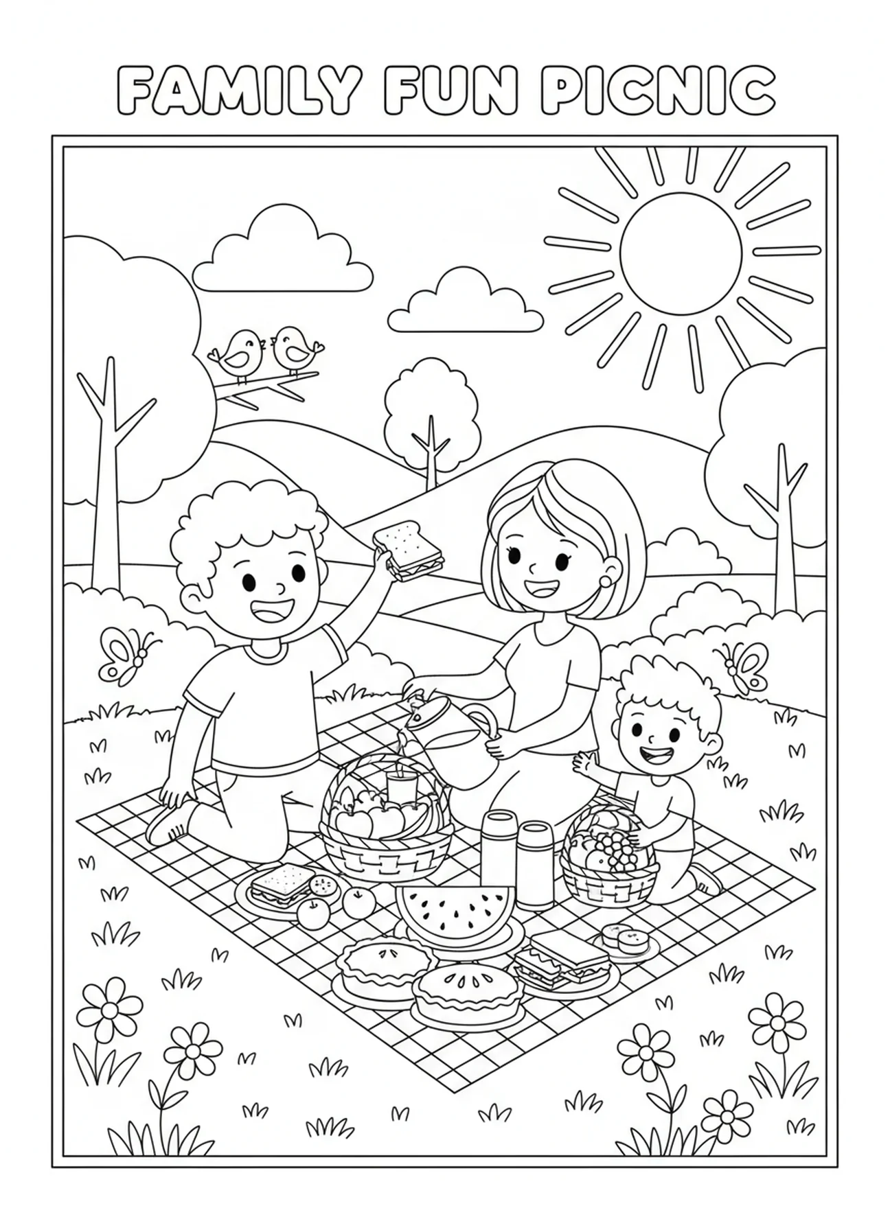 Glückliche Familie beim Picknick, 1 Johannes 4:7 Malvorlage für Kinder im Alter von 5-10 Jahren
