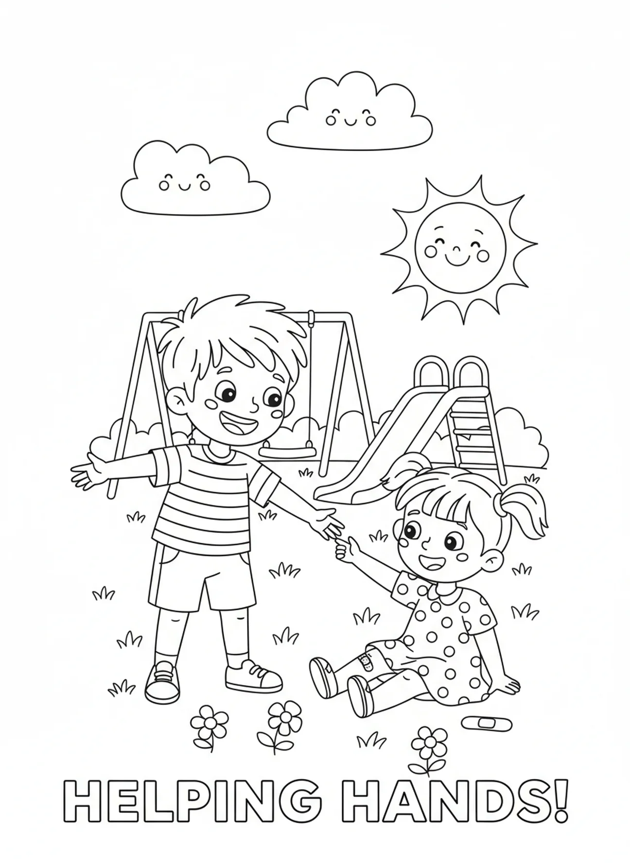 Kind hilft einem anderen Kind, 1 Johannes 4, 7 Malvorlage für Kinder im Alter von 5-10 Jahren