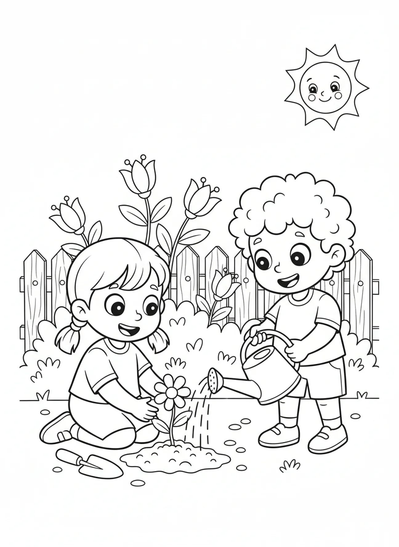 Kind, das Blumen pflanzt, 1 Johannes 4,7 Ausmalbild für Kinder im Alter von 5-10 Jahren