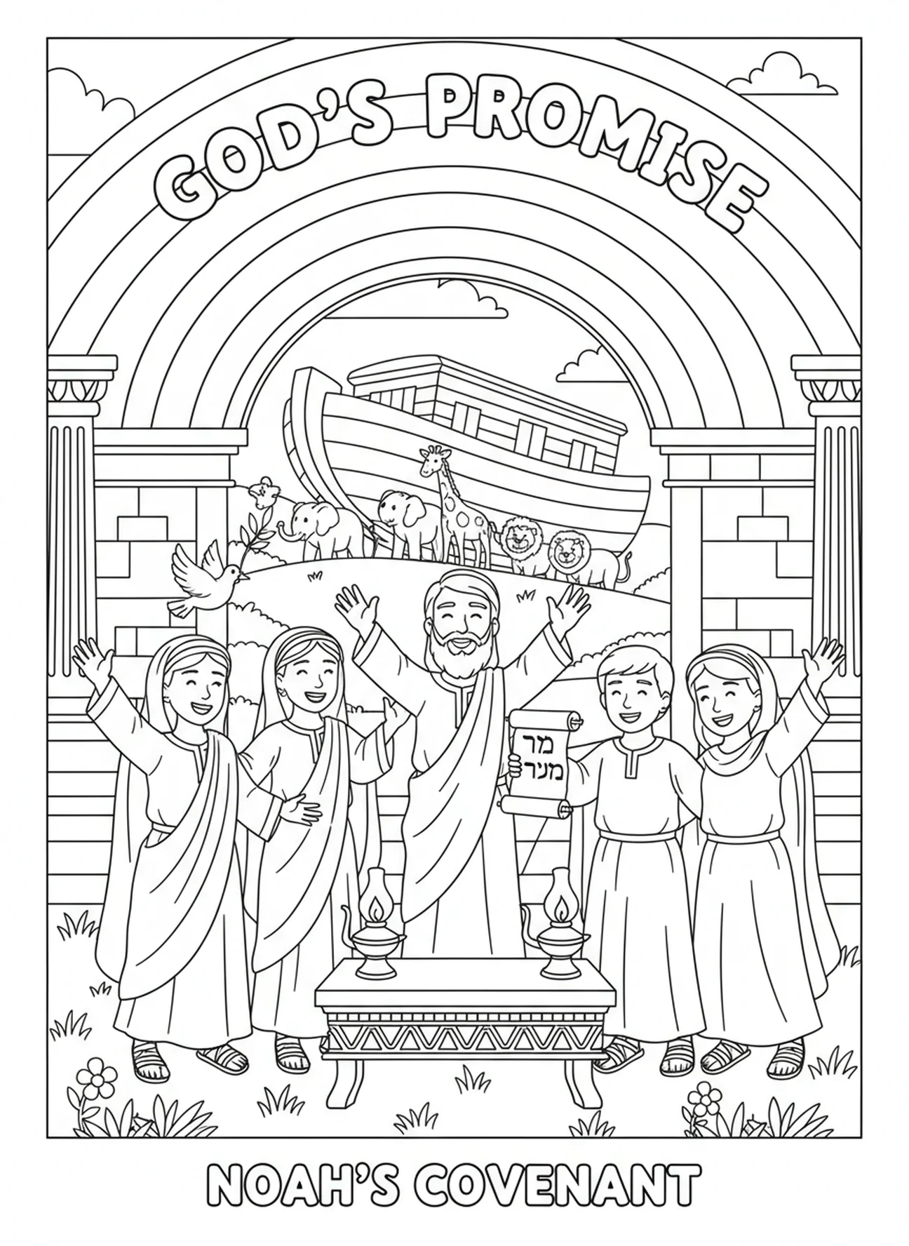 Noé e sua família celebrando a promessa de Deus, página para colorir 1 João 4:7 para crianças da Escola Dominical de 5 a 12 anos.