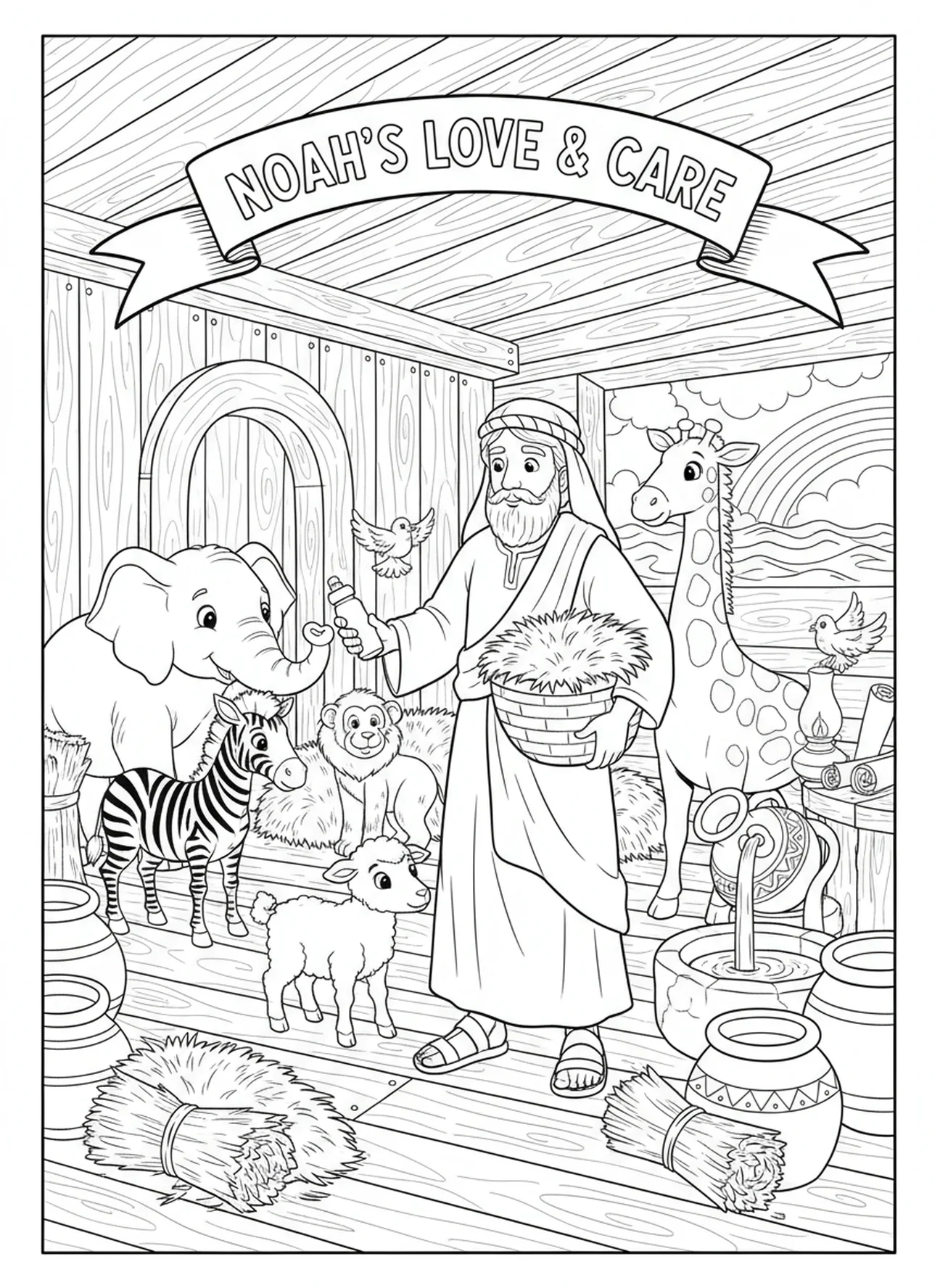 Noé alimentando os animais na arca, página de colorir 1 João 4:7 para crianças da Escola Dominical de 5 a 12 anos.