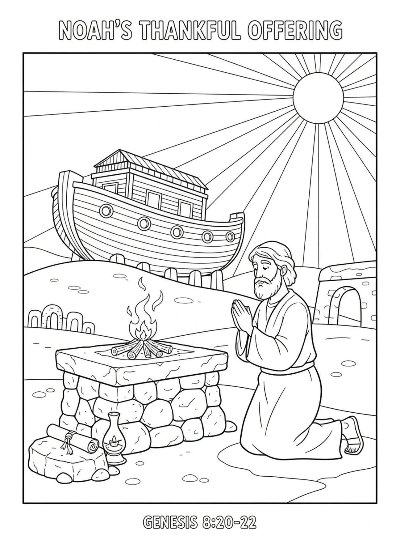 Noé oferecendo um sacrifício em um altar de pedras, página para colorir 1 João 4:7 para crianças da Escola Dominical de 5 a 12 anos.