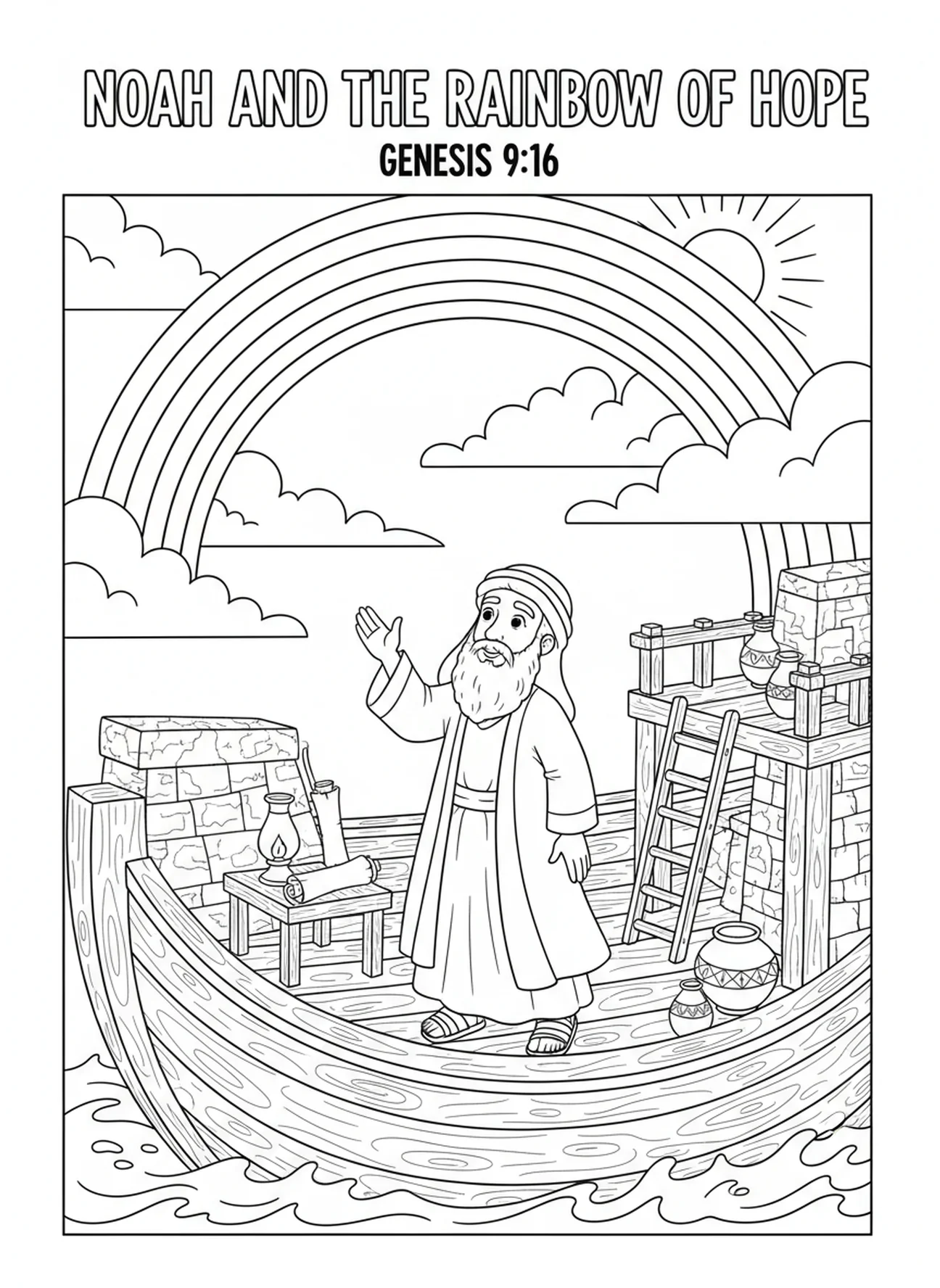 Arco-íris sobre a arca de Noé, página para colorir 1 João 4:7 para crianças da Escola Dominical de 5 a 12 anos.