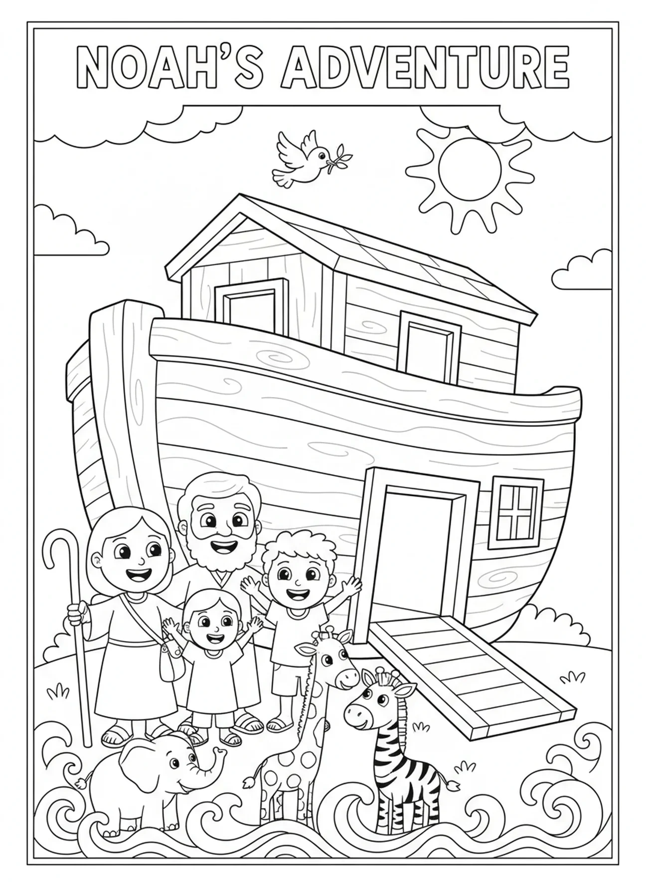 Noah und Familie neben der Arche, 1 Petrus 5,7 Malvorlage für Kinder im Alter von 5-10 Jahren.