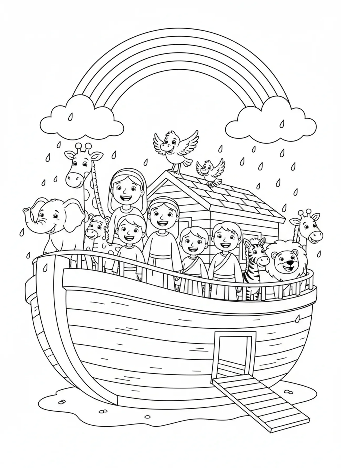Regenbogen über der Arche, Ausmalbild zu 1 Petrus 5,7 für Kinder im Alter von 5-10 Jahren.