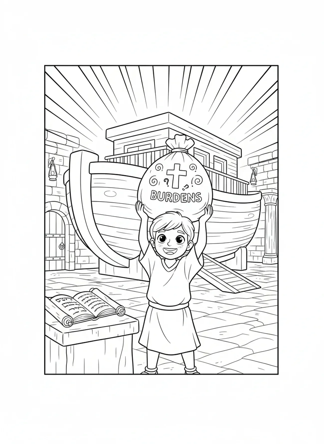 Criança liberando fardos, página de colorir 1 Pedro 5:7 para crianças da Escola Dominical de 5 a 12 anos
