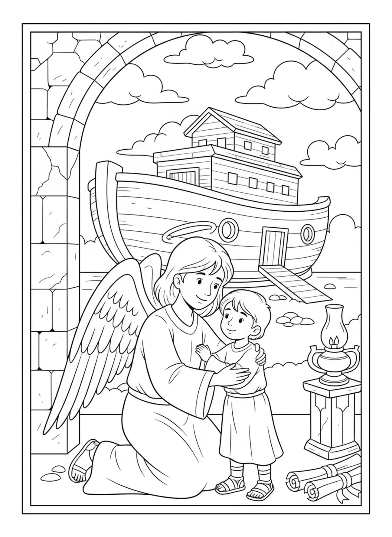 Anjo confortando criança, página para colorir 1 Pedro 5:7 para crianças da Escola Dominical de 5 a 12 anos