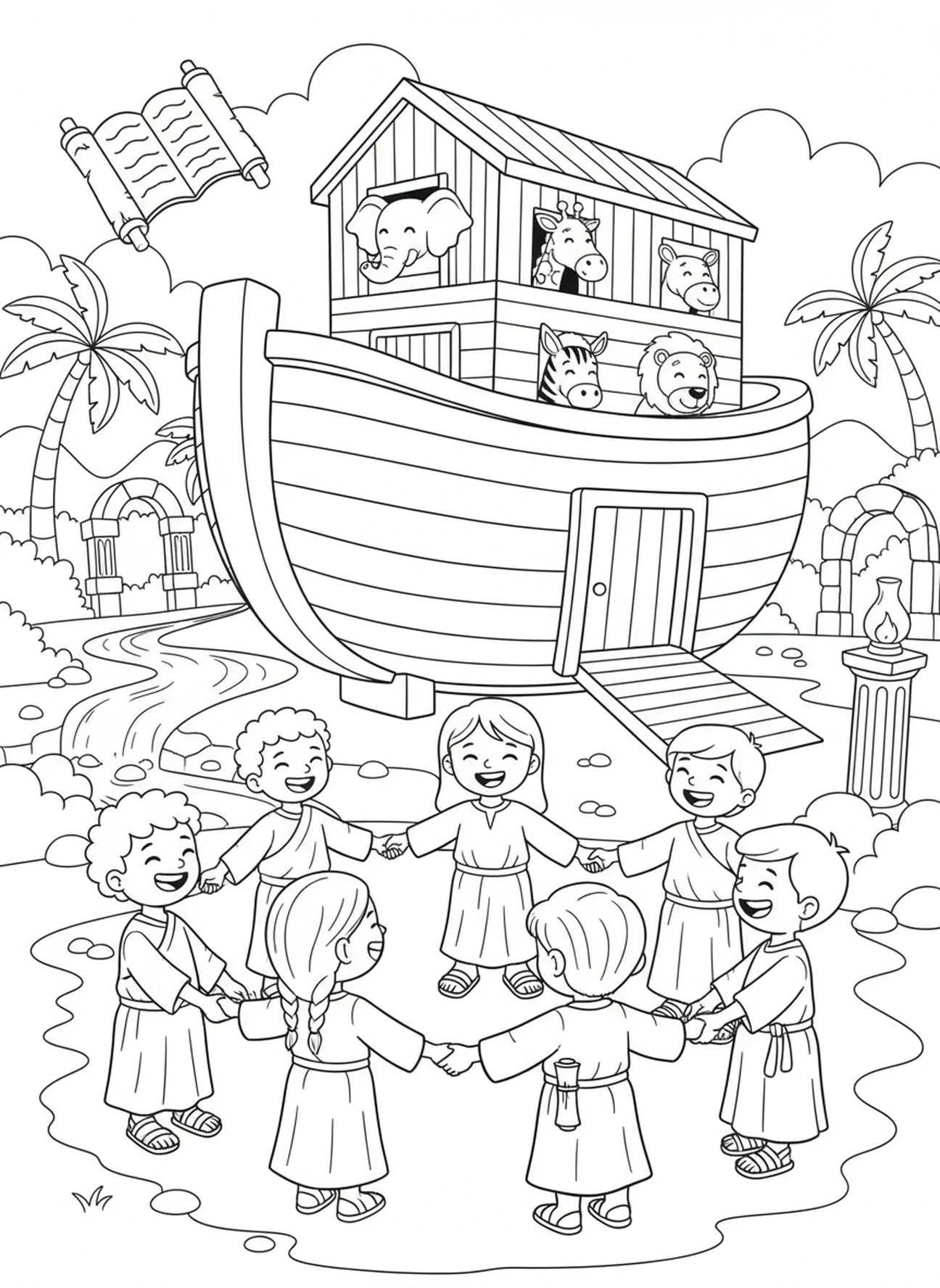 Crianças orando juntas, página de colorir 1 Pedro 5:7 para crianças da Escola Dominical de 5 a 12 anos