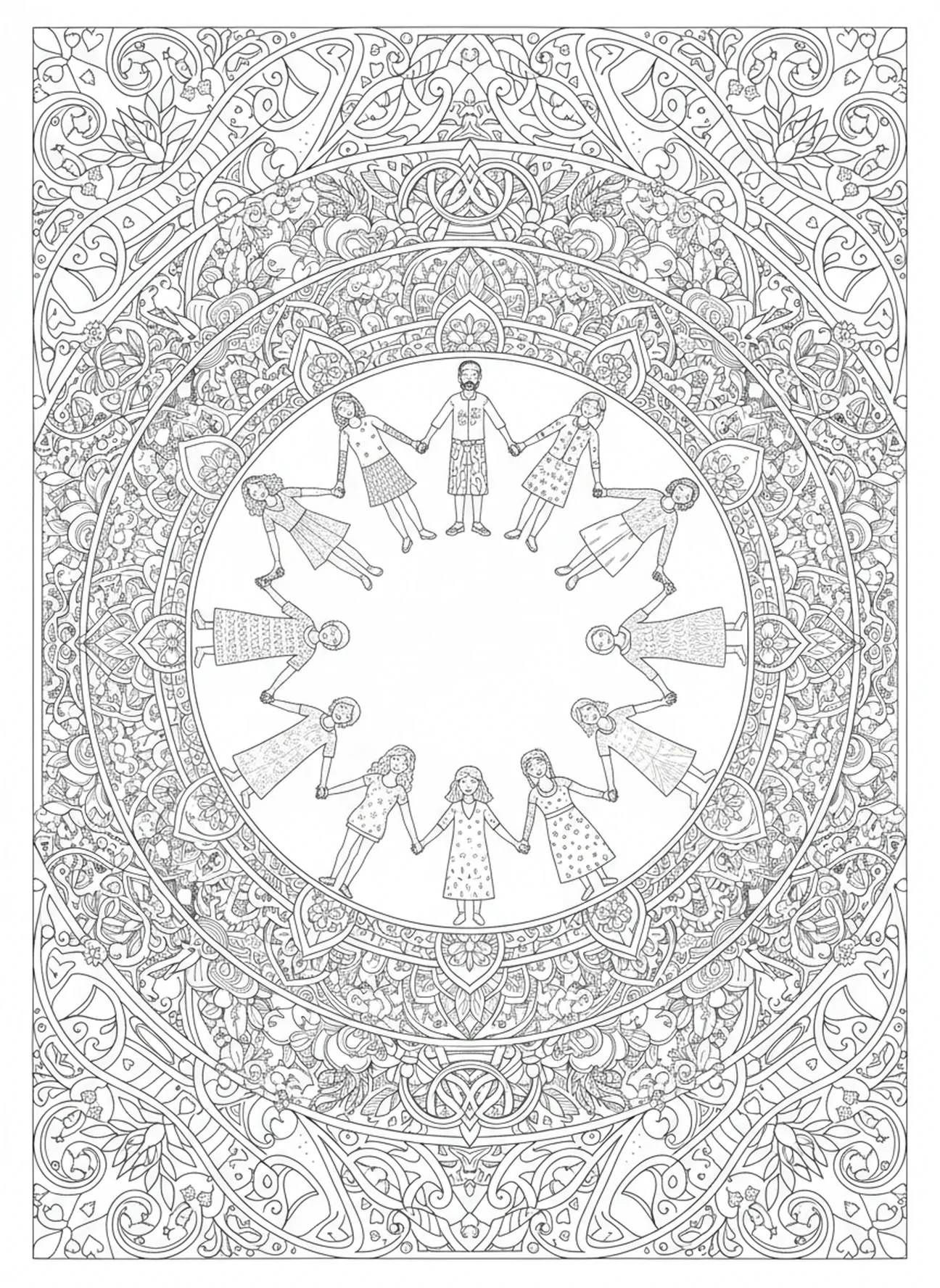 Groupe divers se tenant la main en unité, page à colorier 1 Thessaloniciens 5:16 pour adultes dans le style du journal biblique.