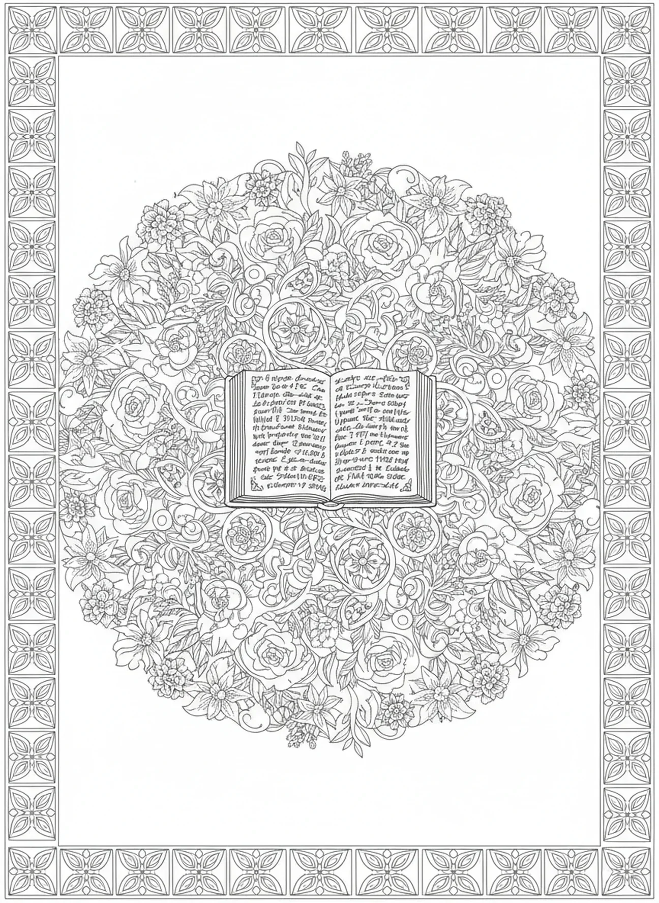 Livre ouvert avec des vignes et des fleurs, page à colorier 1 Thessaloniciens 5:16 pour adultes dans le style du journal biblique.