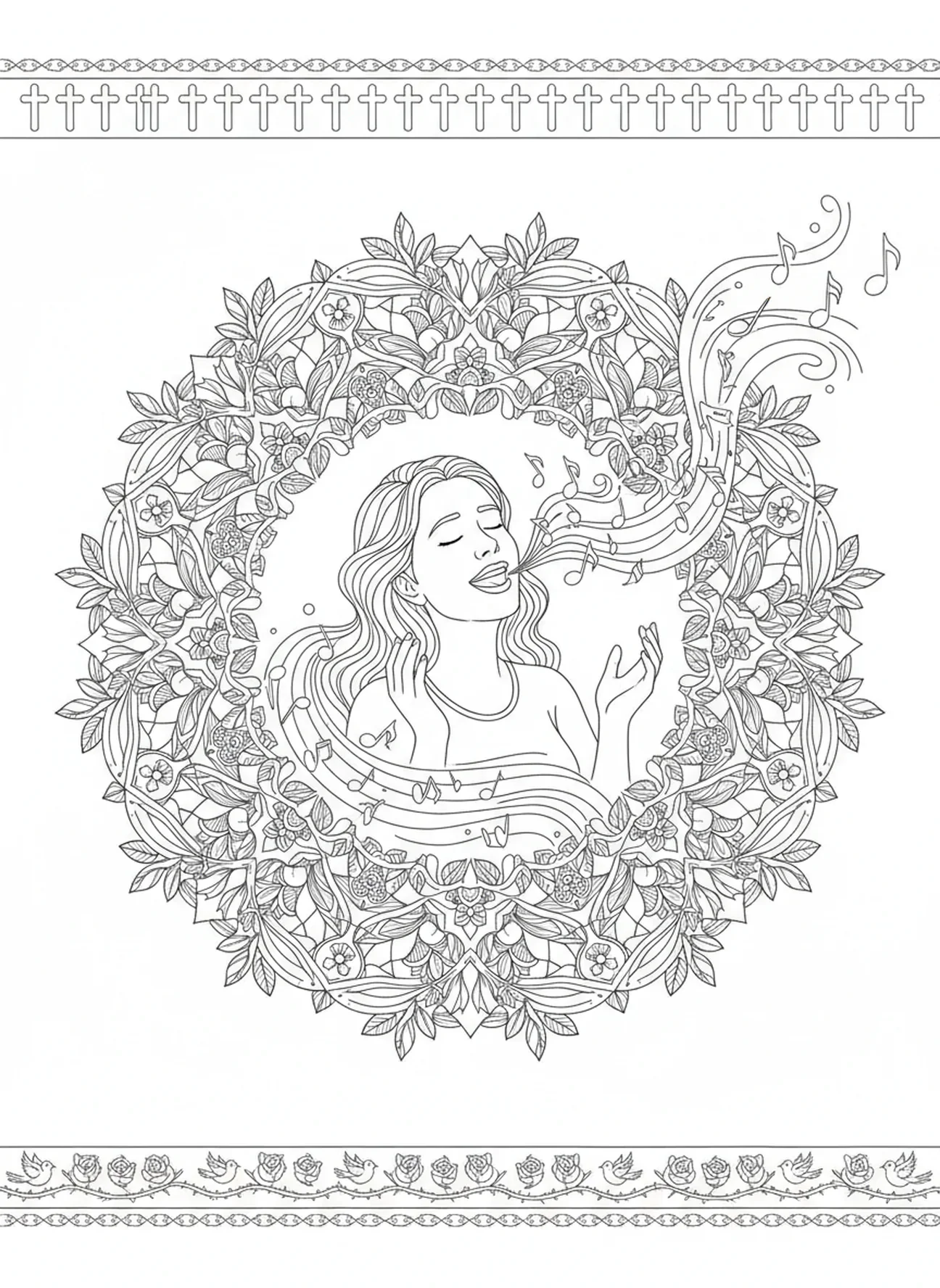 Chanteur joyeux avec des notes de musique, page à colorier 1 Thessaloniciens 5:16 pour le journal biblique des adultes.