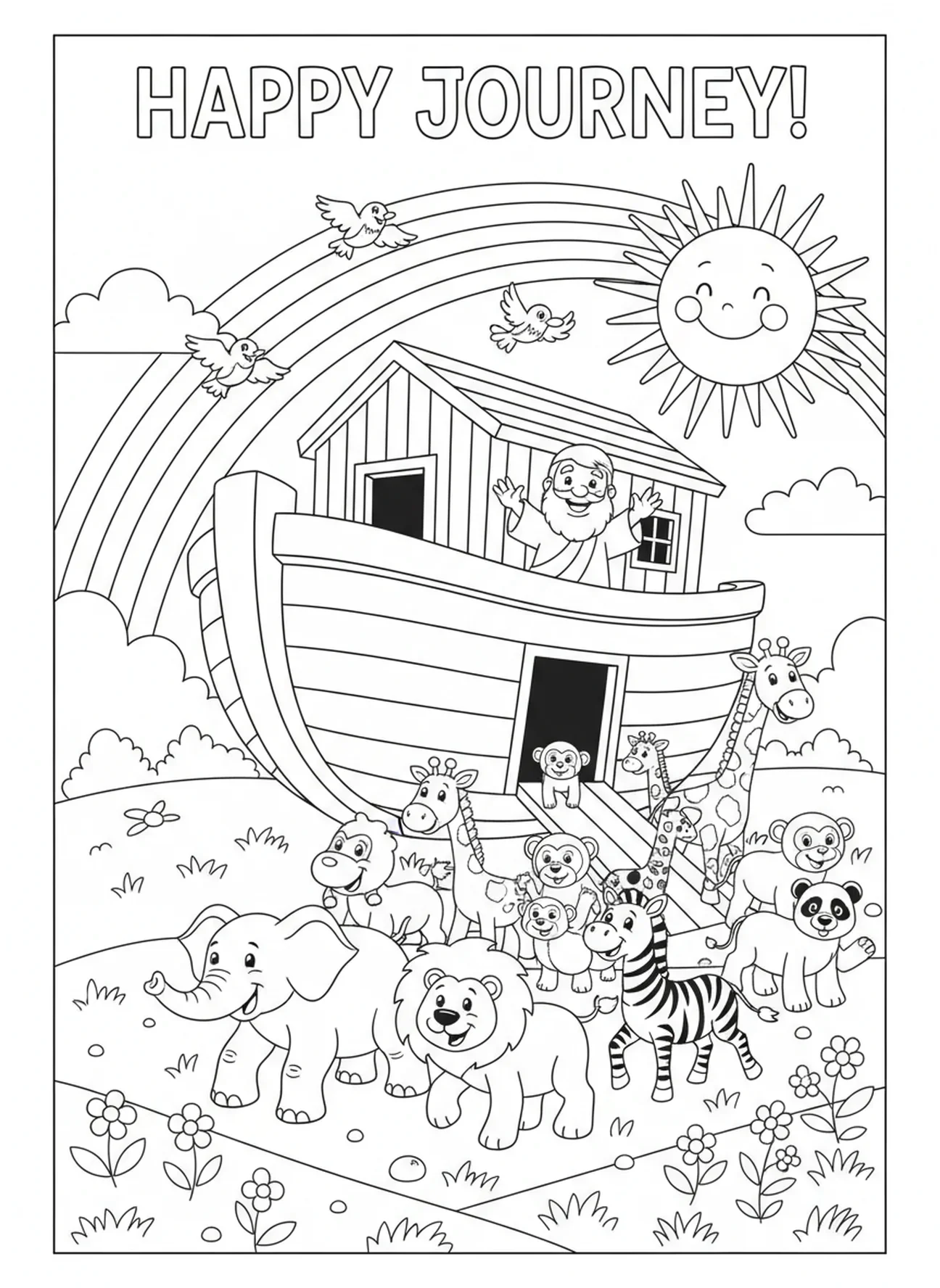 Animales saliendo felices del arca, página para colorear de 1 Tesalonicenses 5:16 para niños de 5 a 10 años