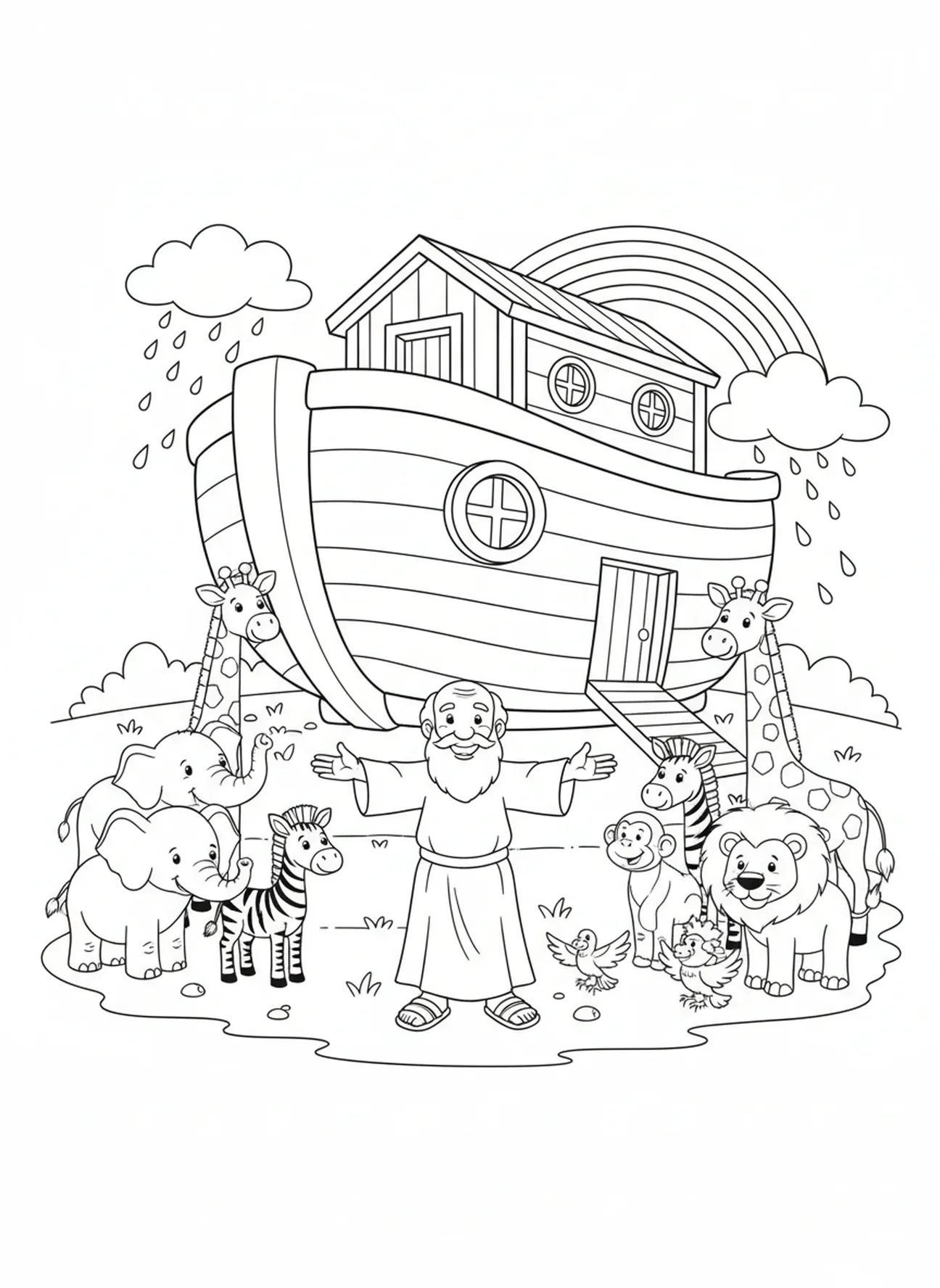 Noé con parejas de animales, 1 Tesalonicenses 5:16 página para colorear para niños de 5 a 10 años