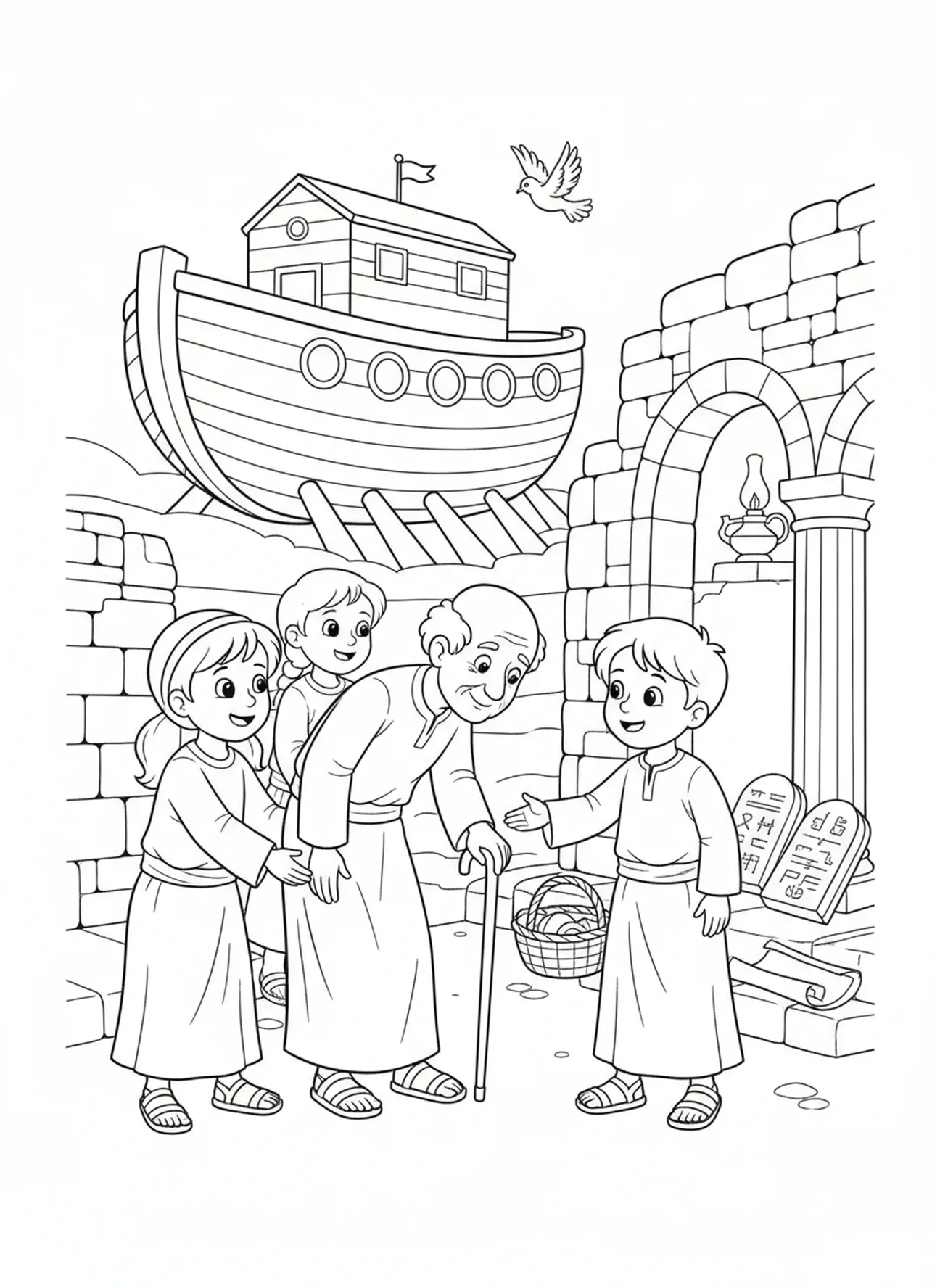 Crianças ajudando uma pessoa idosa, página de colorir 1 Tessalonicenses 5:16 para crianças da Escola Dominical de 5 a 12 anos.