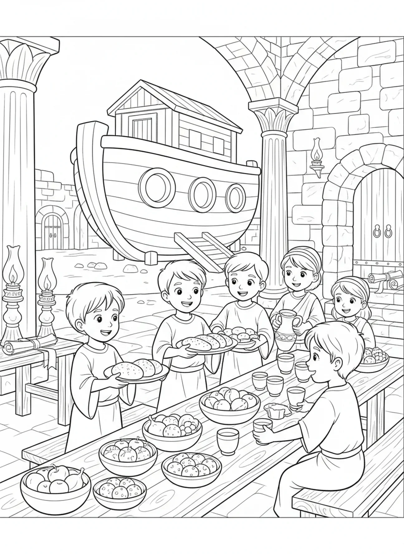 Crianças servindo comida, página de colorir 1 Tessalonicenses 5:16 para crianças da Escola Dominical de 5 a 12 anos.