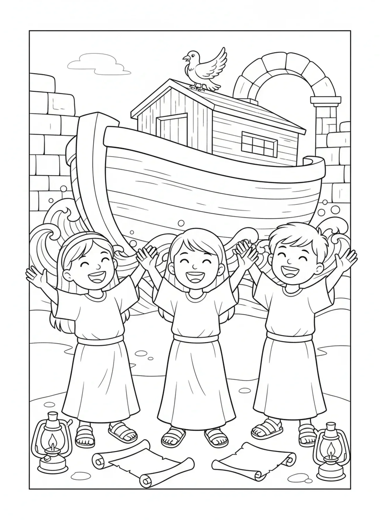 Crianças cantando alegremente, página para colorir 1 Tessalonicenses 5:16 para crianças da Escola Dominical de 5 a 12 anos.
