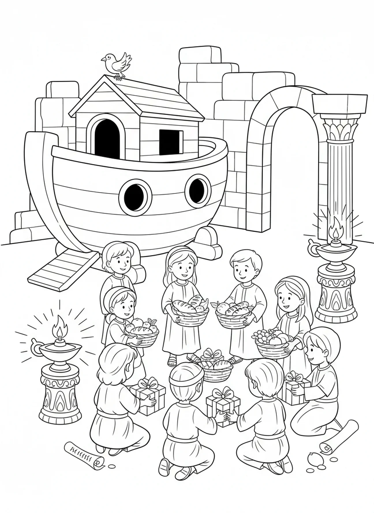 Crianças compartilhando presentes, página para colorir de 1 Tessalonicenses 5:16 para crianças da Escola Dominical de 5 a 12 anos.