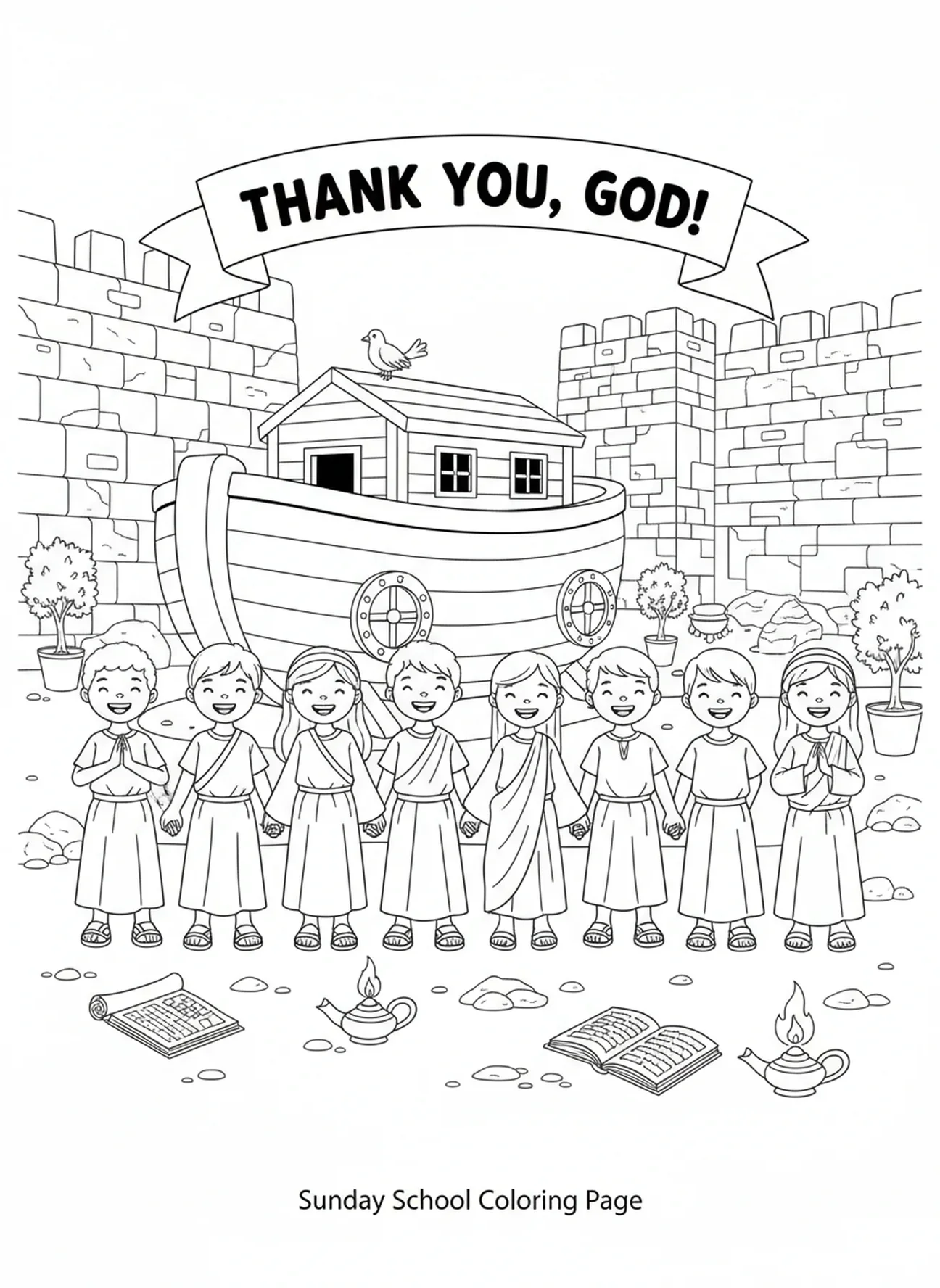 Crianças expressando gratidão, página para colorir 1 Tessalonicenses 5:16 para crianças de 5 a 12 anos na Escola Dominical.