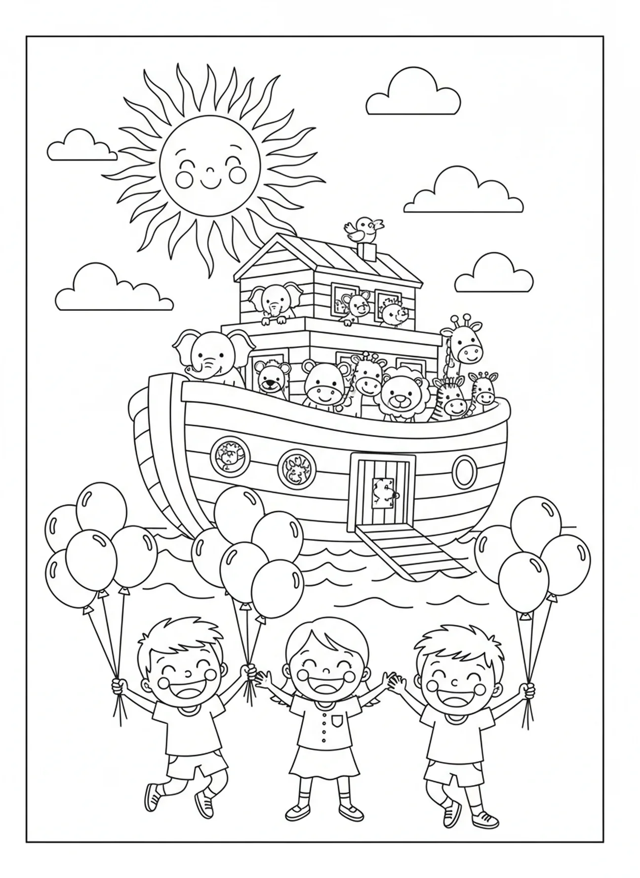 Niños celebrando la fe con globos, 2 Corintios 5:7 Página para colorear Caminar por la Fe para niños de 5 a 10 años