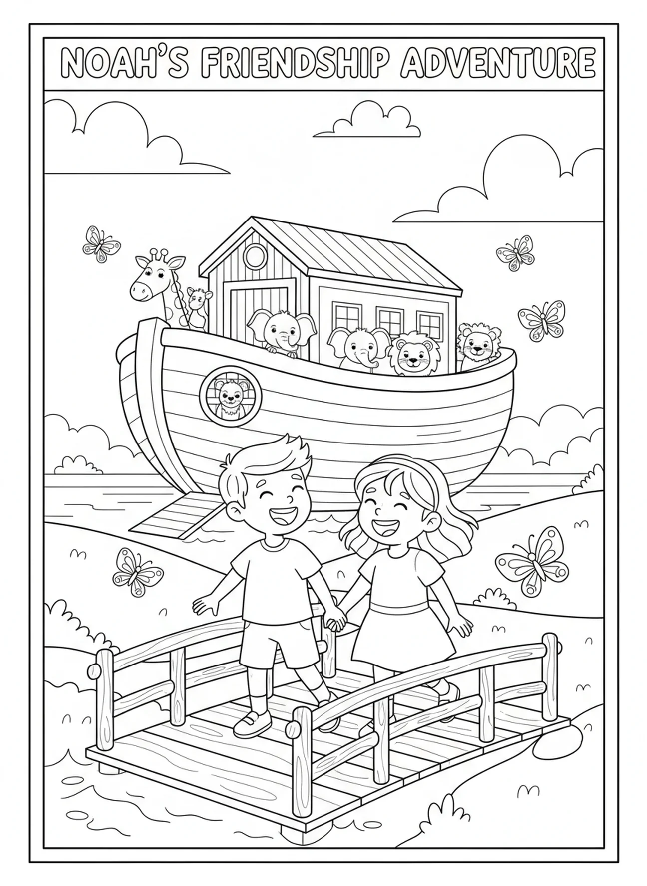Niños cruzando un puente, 2 Corintios 5:7 Página para colorear Caminar por Fe para niños de 5 a 10 años