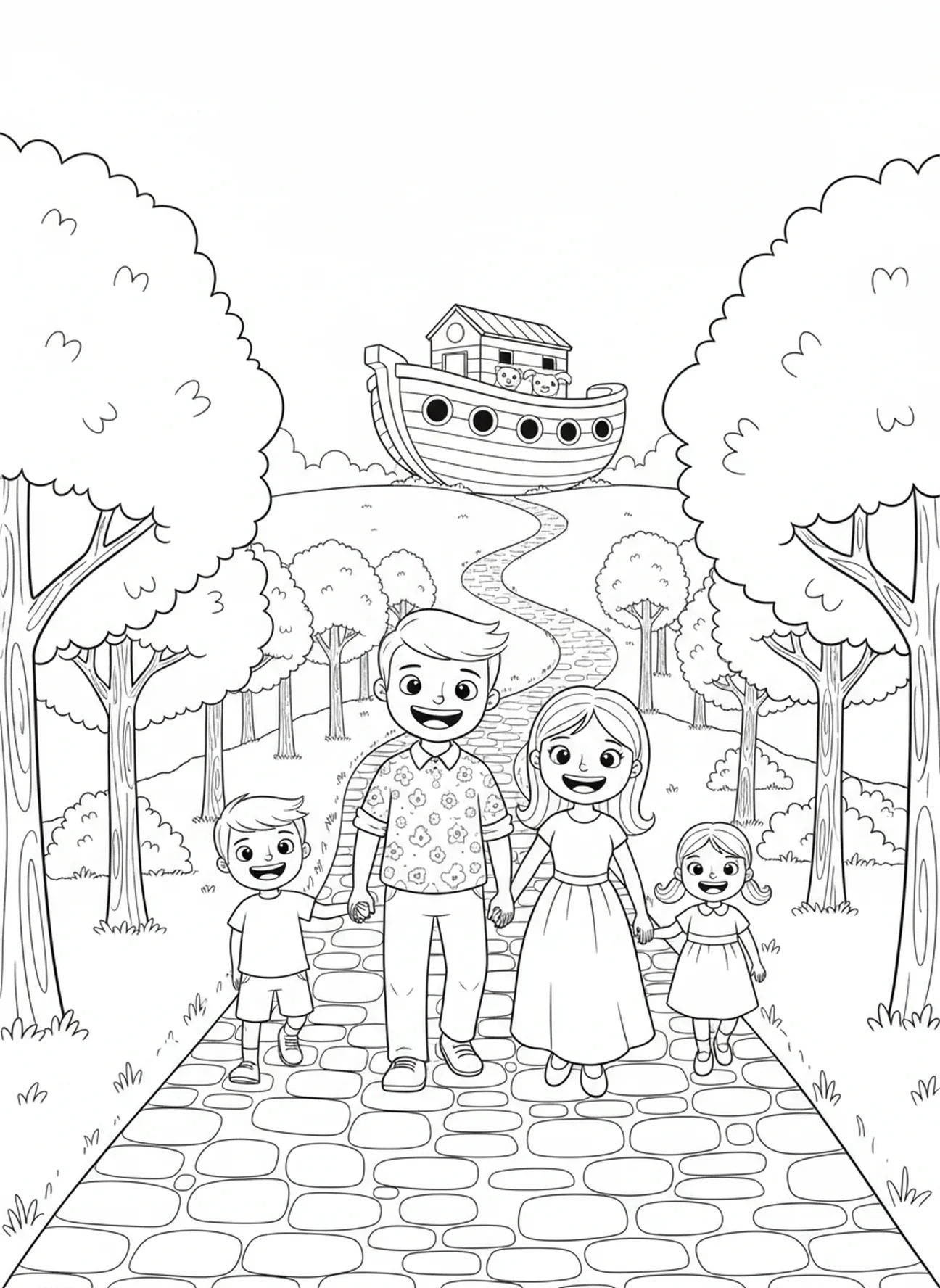 Familia caminando de la mano, 2 Corintios 5:7 Caminar por Fe página para colorear para niños de 5 a 10 años