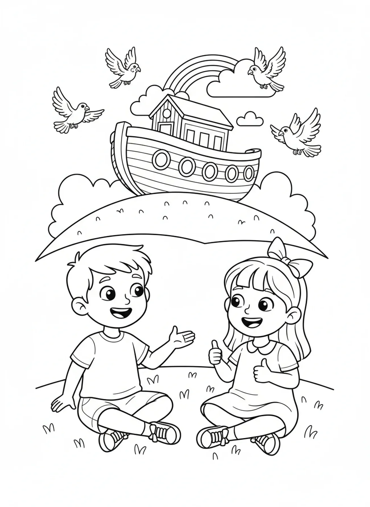 Dos niños animándose mutuamente, 2 Corintios 5:7 Página para colorear Caminando por Fe para niños de 5 a 10 años