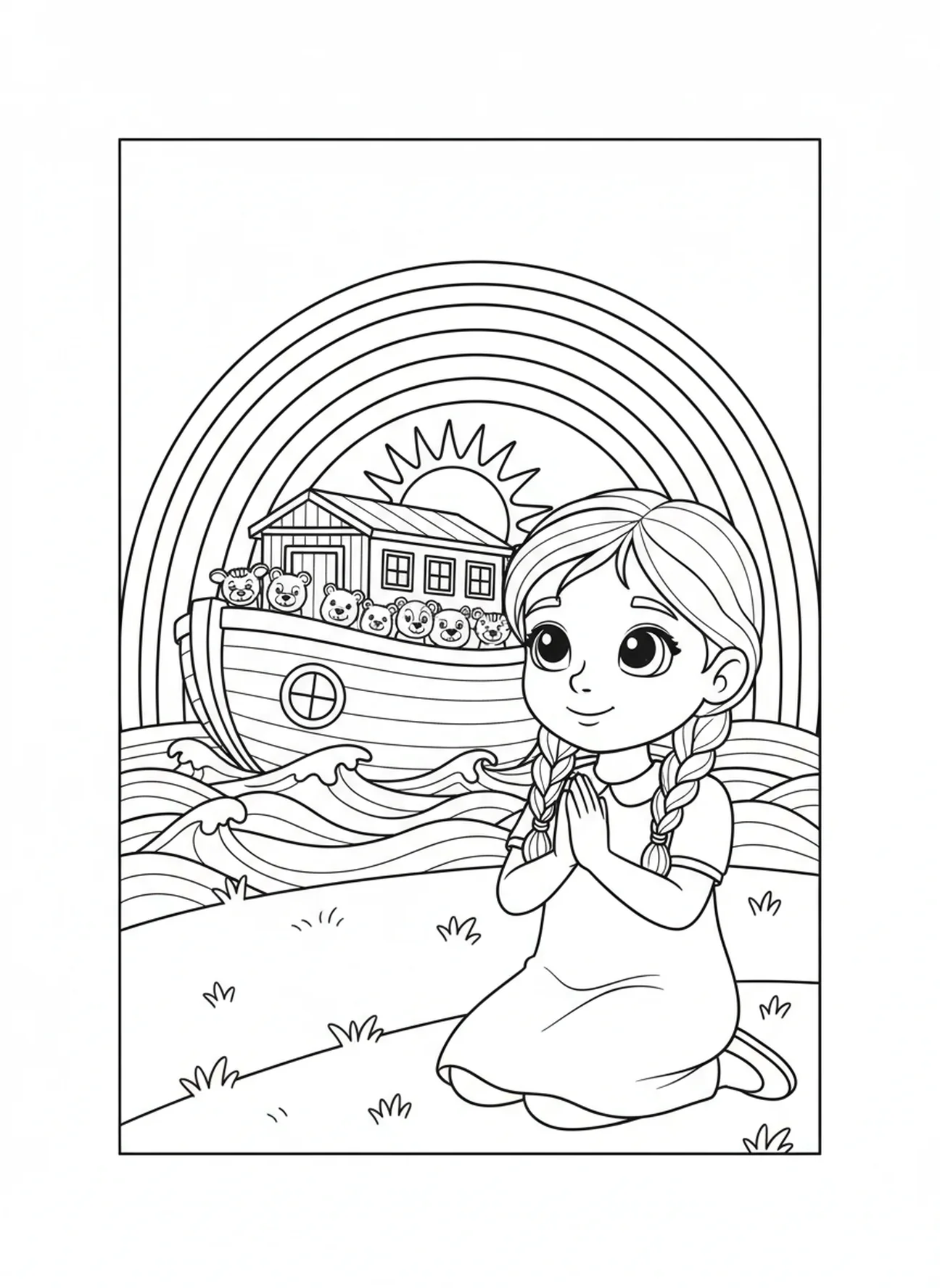 Niña orando por fortaleza, 2 Corintios 5:7 Caminar por Fe página para colorear para niños de 5 a 10 años