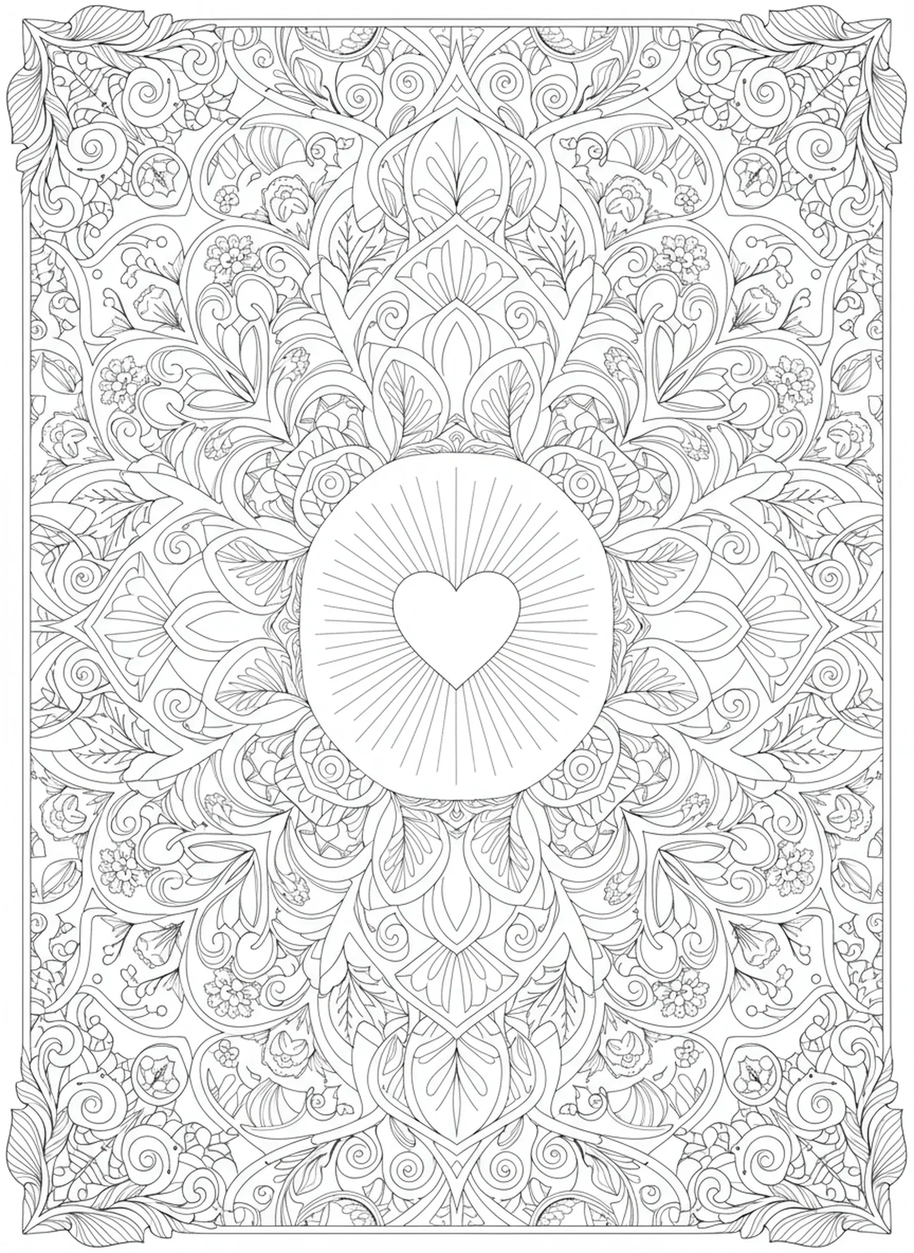 Coração irradiando luz, página para colorir de 2 Timóteo 1:7 no estilo de journaling bíblico para adultos